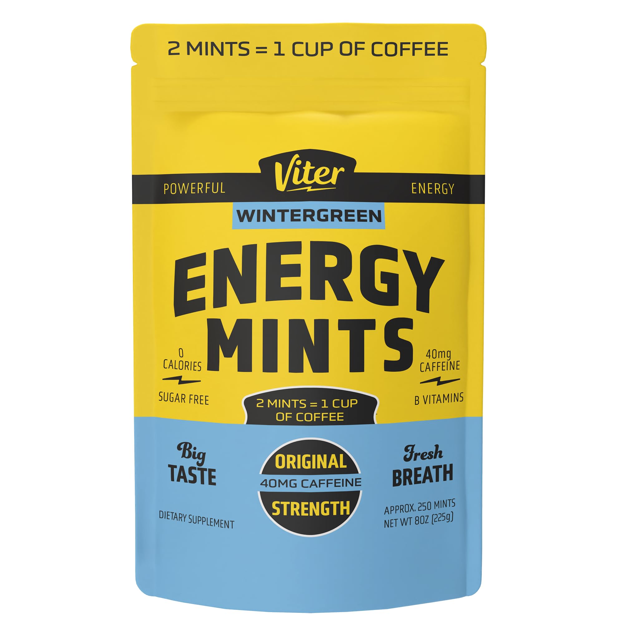Viter Energy 40mg Caffeine Mints - Sugar Free, B Vitamins, Vegan, Boosts Fast Energized Alert Focus, Caffeinated Nootropic Supplement Pills (Wintergreen Flavor, 8oz, Bulk Bag) Wintergreen 250 Count (Pack of 1)
