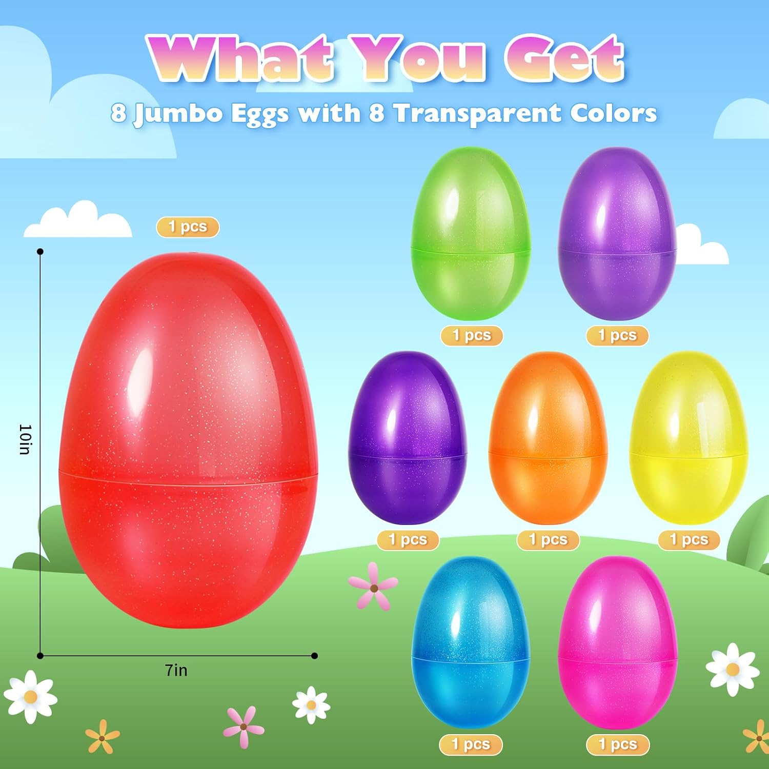 AuroTops 8 Pcs Jumbo Easter Eggs,10 Inch Easter Eggs, Plastic Fillable Easter Egg, Empty Big Easter Egg for Easter Basket Stuffers Easter Decoration, Easter Hunt Party Favors