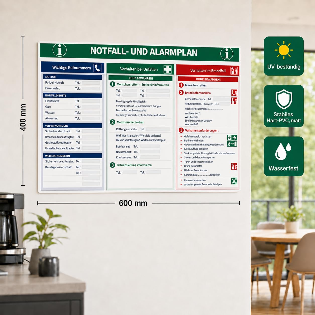Señal de emergencia y alarma 600 x 400 mm | Cartel de seguridad con números de emergencia para escribir | Comportamiento en accidentes y casos de incendio | PVC duro para oficina, taller, escuela