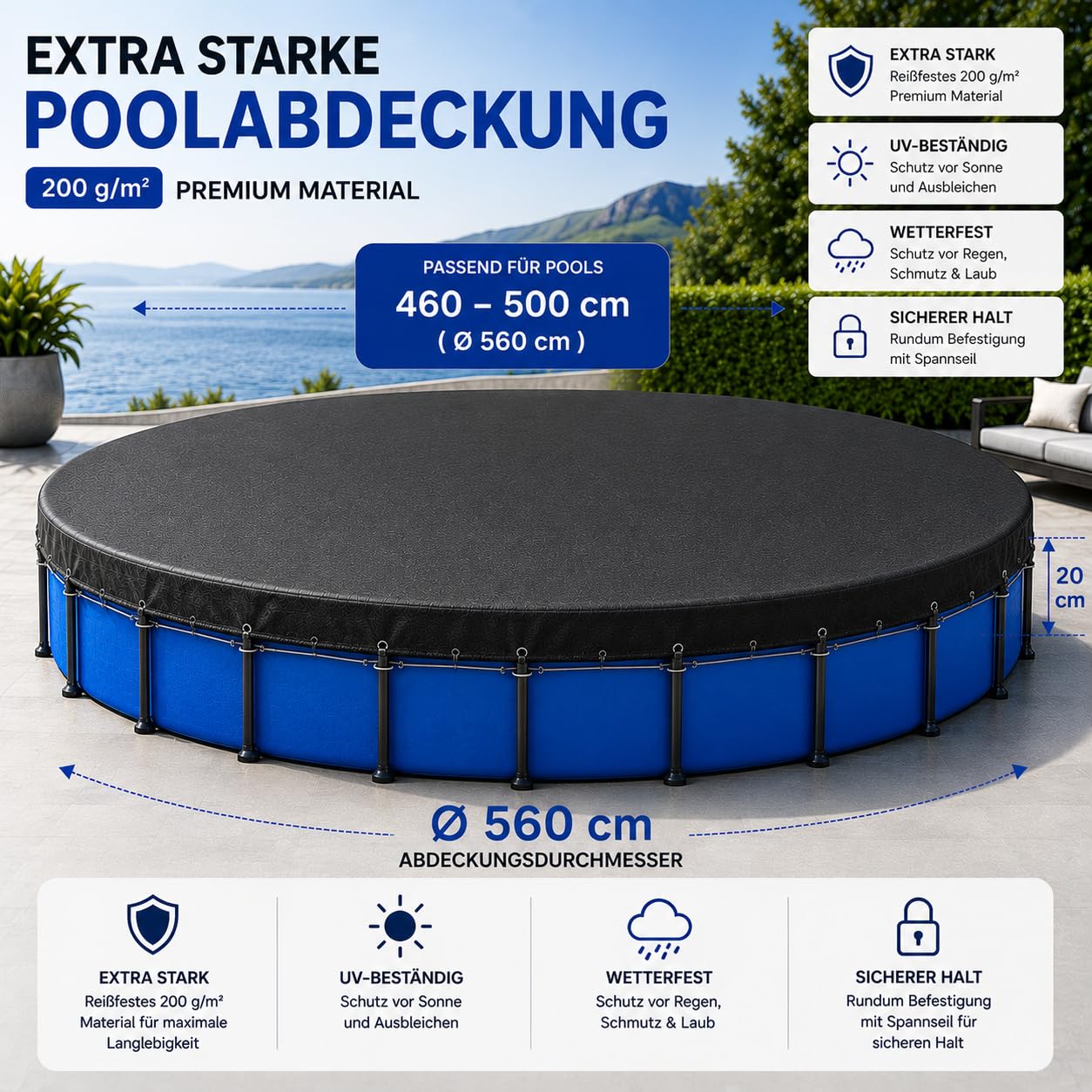 Telo di copertura per piscina rotondo, extra spesso, 200 g/m², resistente ai raggi UV, per l'estate e l'inverno, colore nero, 460 – 500 cm (diametro 560 cm)