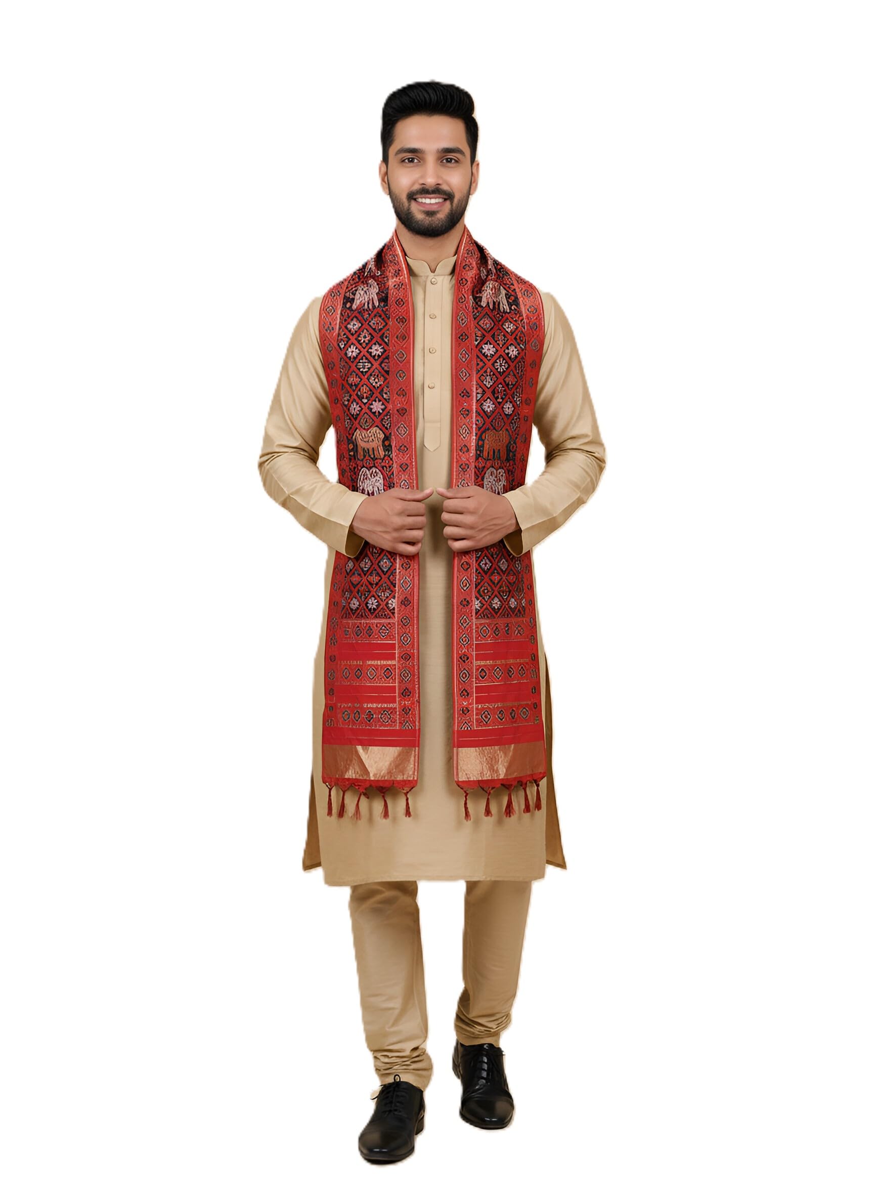 muffly Men’s Silk Dupatta with Traditional Diamond Woven Pattern & Rich Border | Premium Ethnic Stole for Wedding, Festive & Cultural Wear | Tassel Finish | 2.3 x 0.9 Meter-picture-41