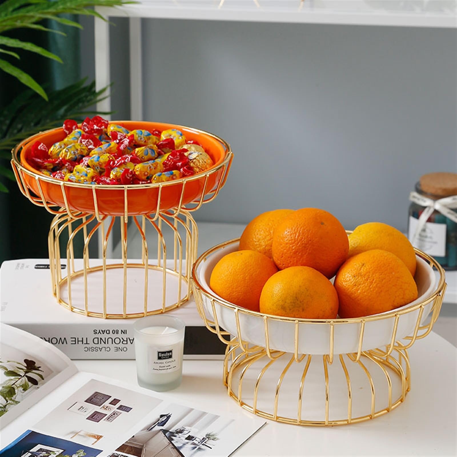 Cesti di frutta Cesto di frutta dorato, vassoio portaoggetti a due strati, ceramica da cucina, snack staccabile, biscotti, caramelle, scaffale for dessert(Grande)