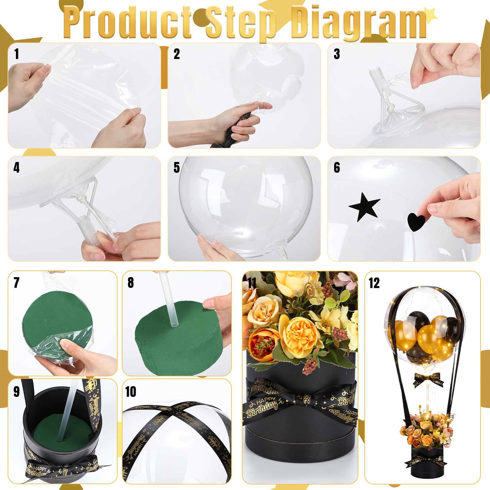 Gemscream Kit de caja de regalo de globos de aire caliente de cumpleaños con globos Bobo de 20 pulgadas, cadena de luces LED, cintas y arcilla floral para mujeres, hombres, amigos, novia, esposa