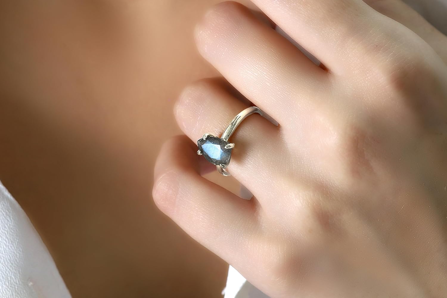 Fine Jewelry for Women - Pear Labradorite Ring in Sterling Silver - Style and Stacking Rings for Women - Handmade Jewelry