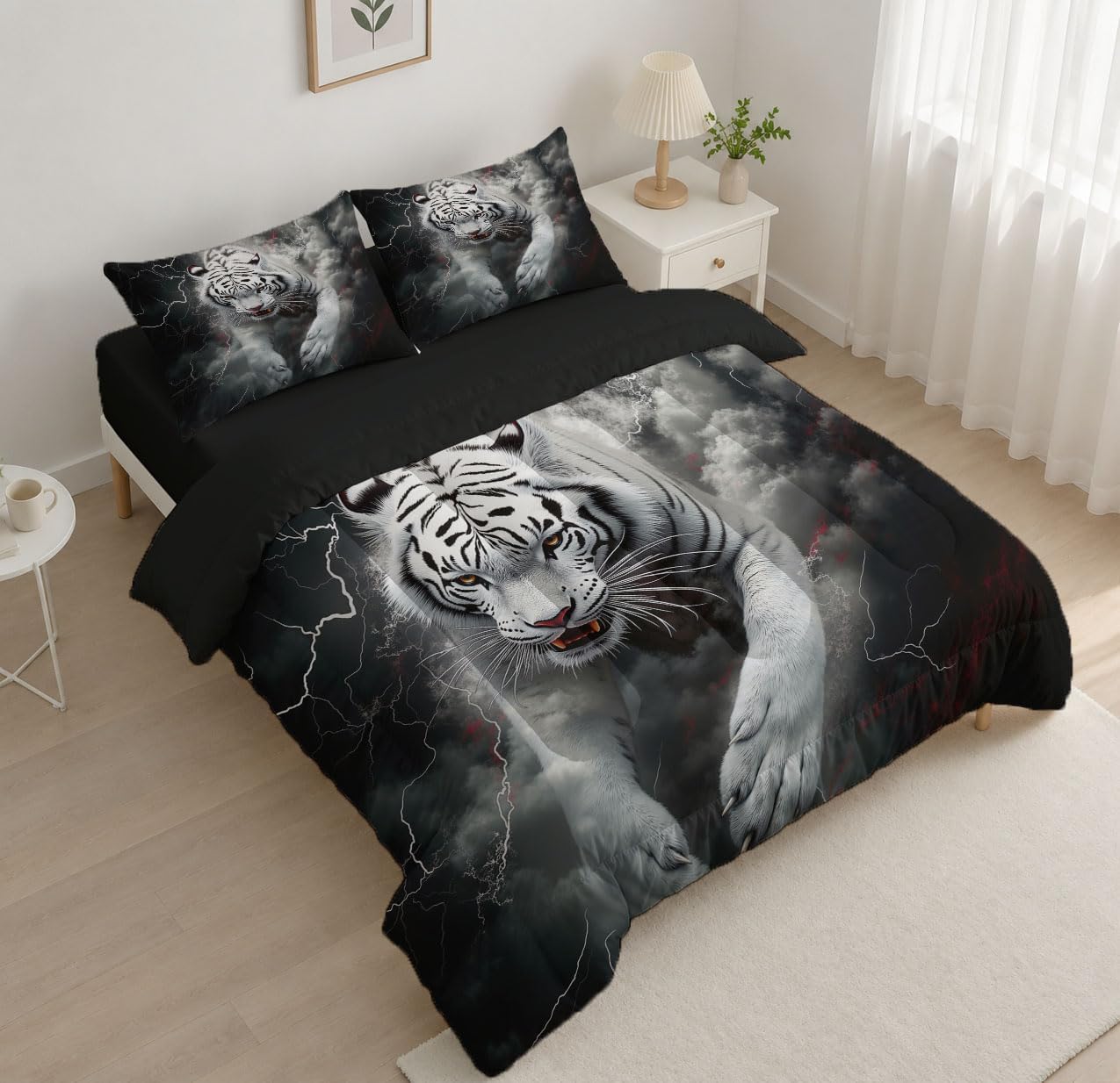 Fantasy Animals Comforter Set King Size, Wild Tiger Bedding Set for Girls Boys, Black and Gray Quilt Bed 104"X90" Bedding Comforter Sets with 2 Pillowcase Room Decor