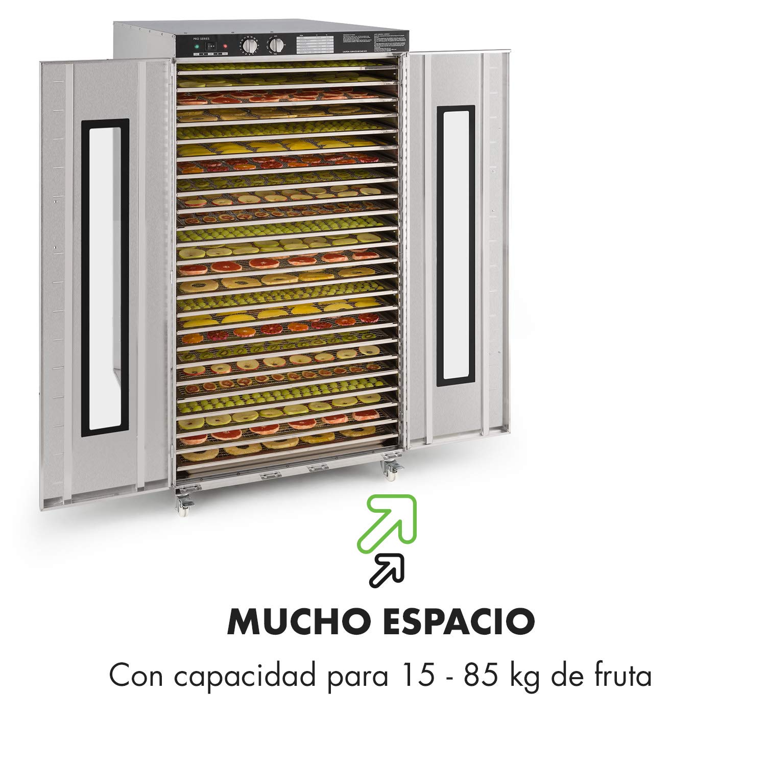 Klarstein Master Jerky - Deshidratador de alimentos, Temperatura ajustable 40-90 °C, DigiSet Control, Carcasa de acero inoxidable, Potencia de 5850 W, Capacidad de 10 m², 24 bandejas, Plateado