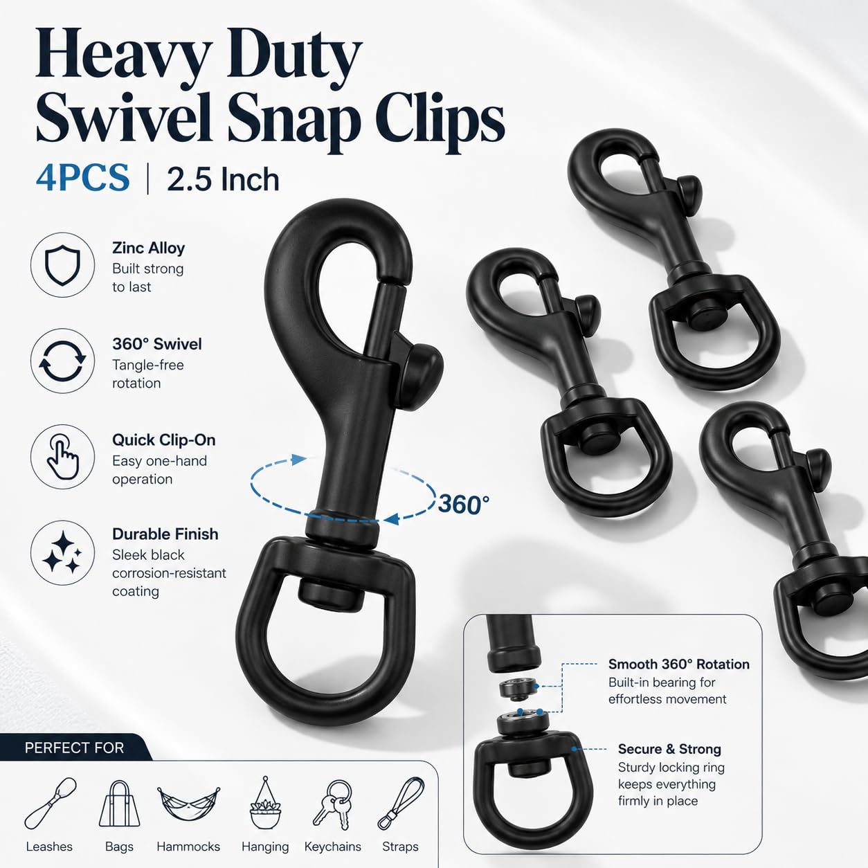 4 Pack 2.5 Inch Flag Hooks, Black Swivel Eye Bolt Snap Clasp