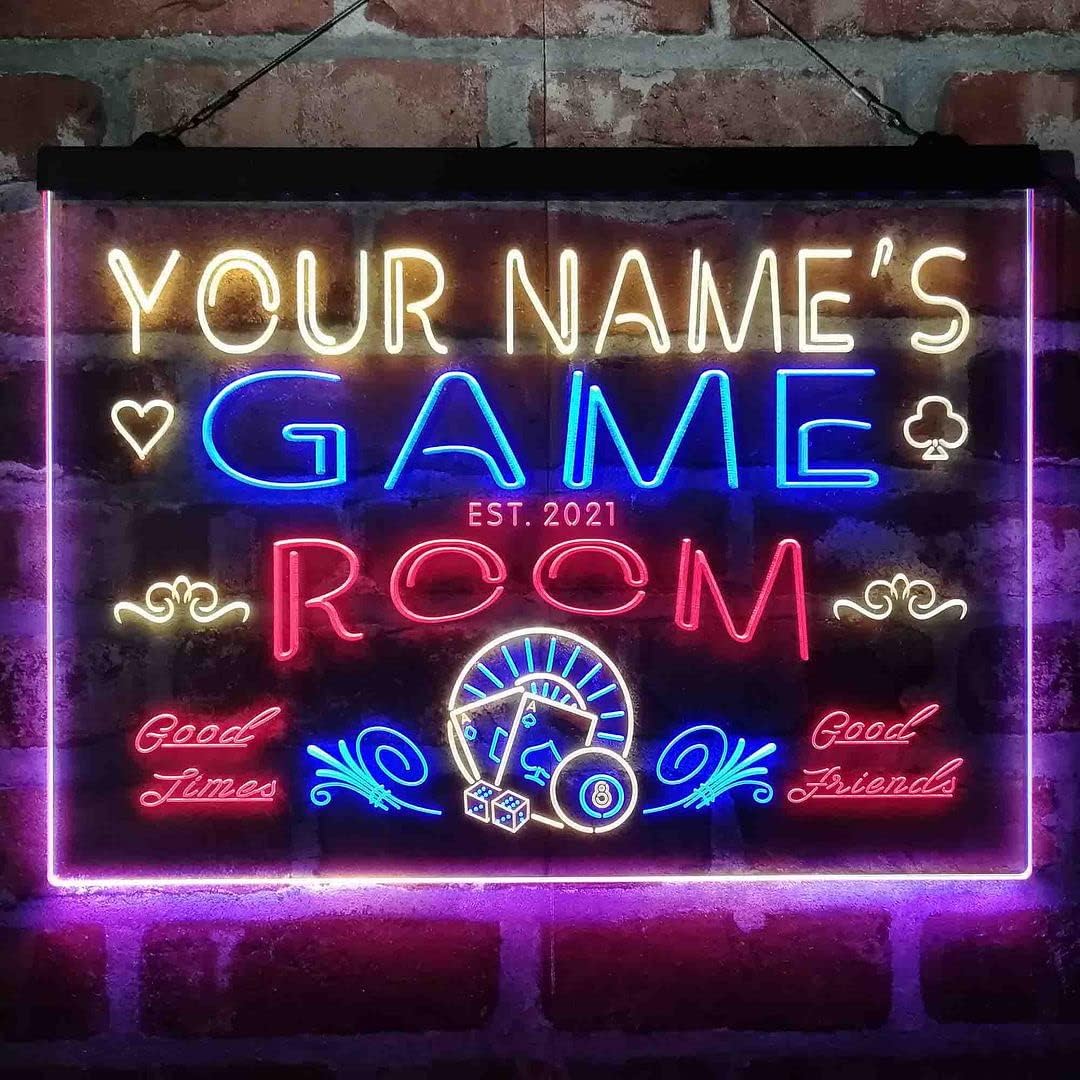 Personalized Game Room Tri-Color LED Neon Light Sign Customize Name Date Text Quote Font Red & Blue & Yellow 17.7 x 13.6 Inches st9s43-PL1-tm-rby