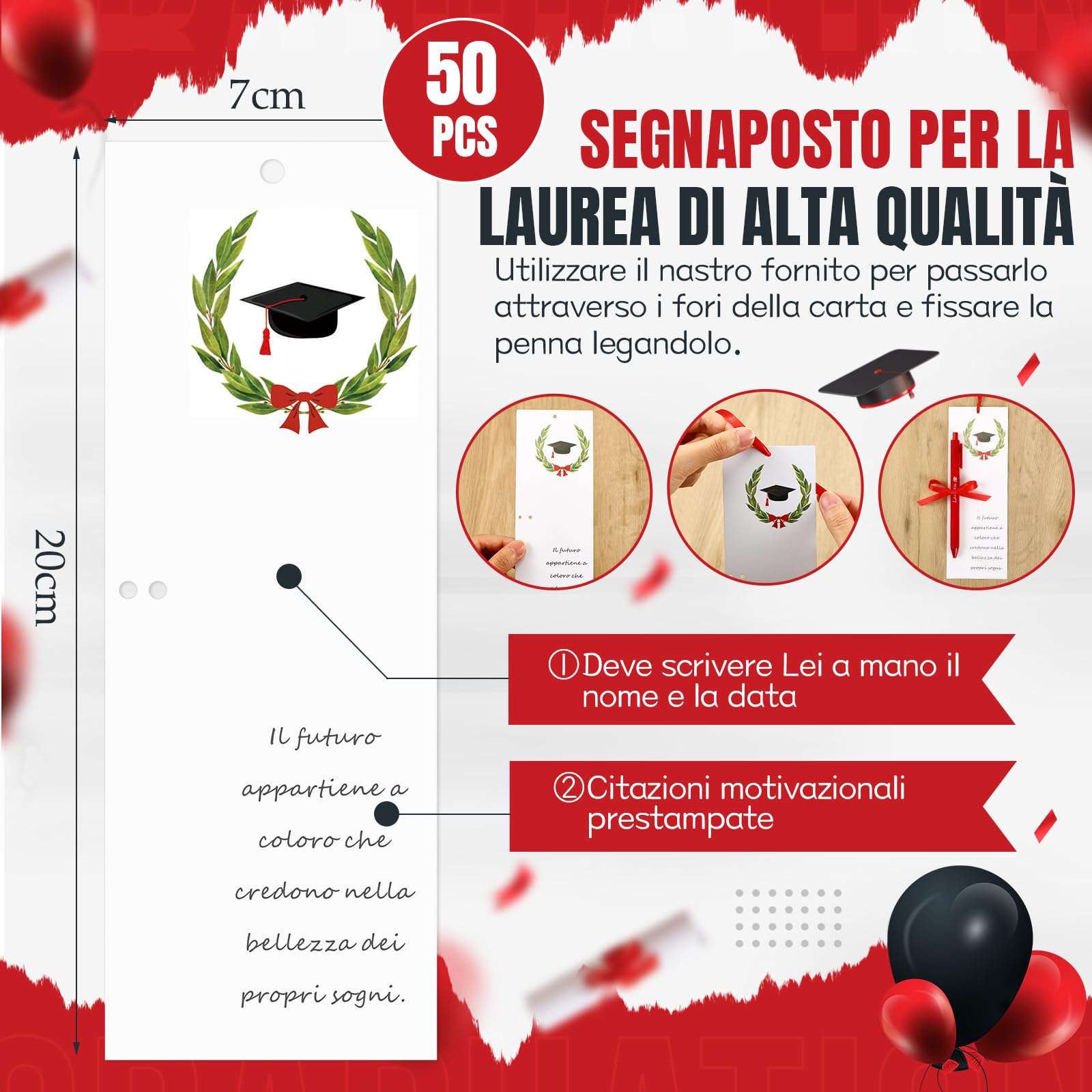 BBTO 50 Set Regalo Laurea 50 Segnaposti Segnalibri Laurea Bigliettini Bomboniera 50 Penna a Sfera Rossa con 1 Rotolo di Nastro Rosso Gadget Addobbi Decorazione Tavolo Inviti Classe Insegnanti Finire