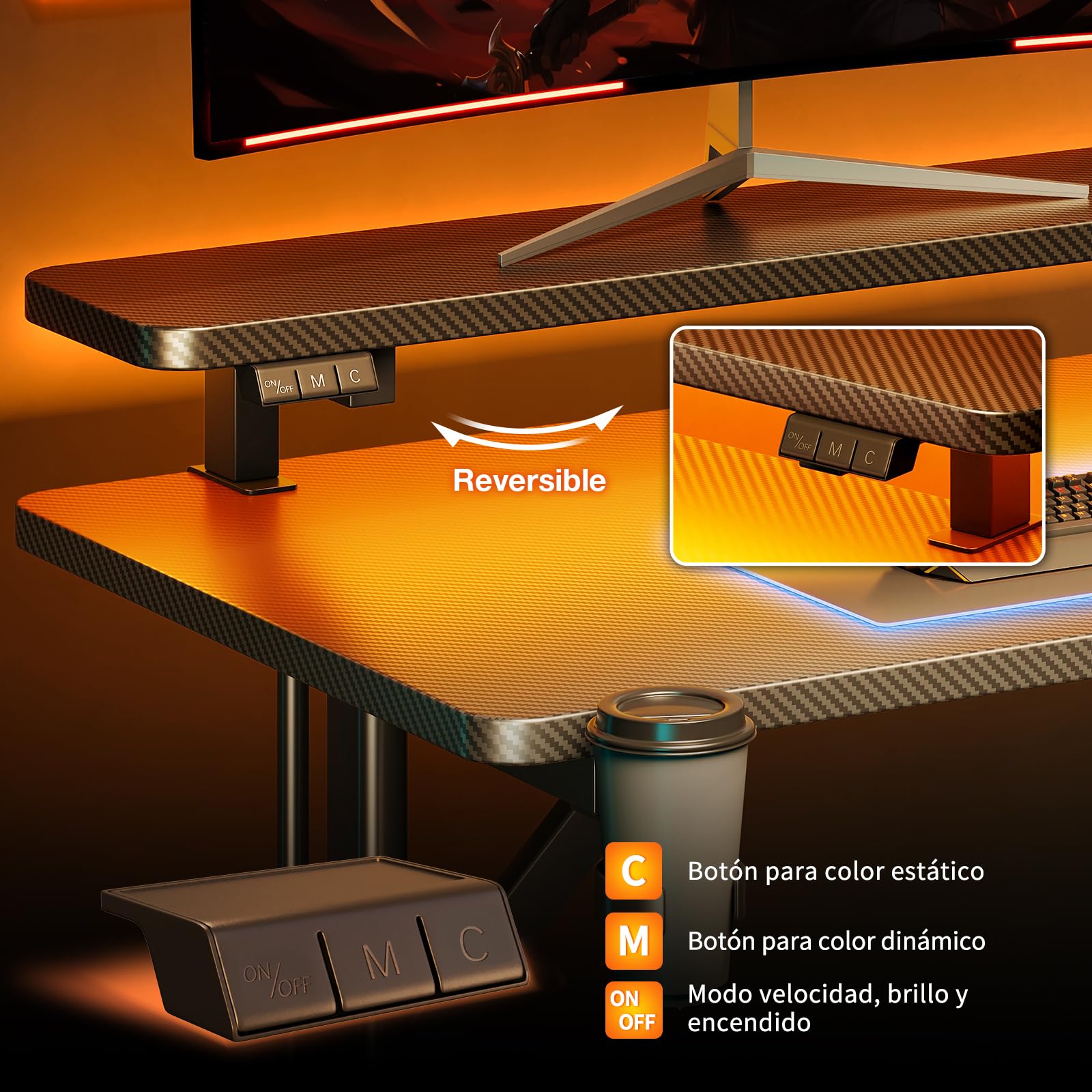 ODK Mesa Gaming, 80 cm Escritorio Gaming con Luces LED, Mesa Gamer con Estante para Monitor, Mesas Escritorio Ordenador Fibra de Carbono Negro