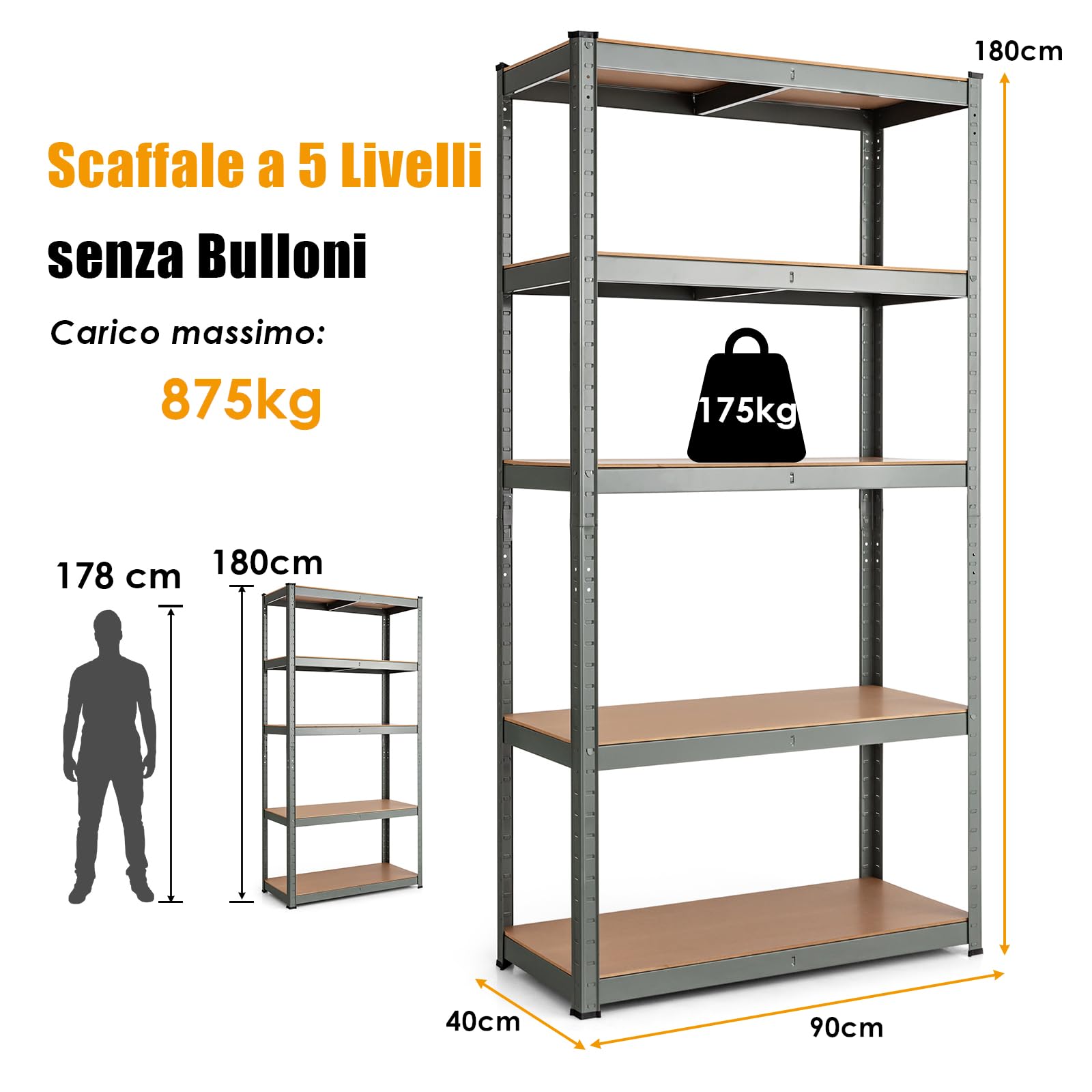 GYMAX Scaffale in Metallo per Garage per Carichi Pesanti 5 Ripiani per Magazzino, Carico 875kg, 90x40x180cm (Grigio)