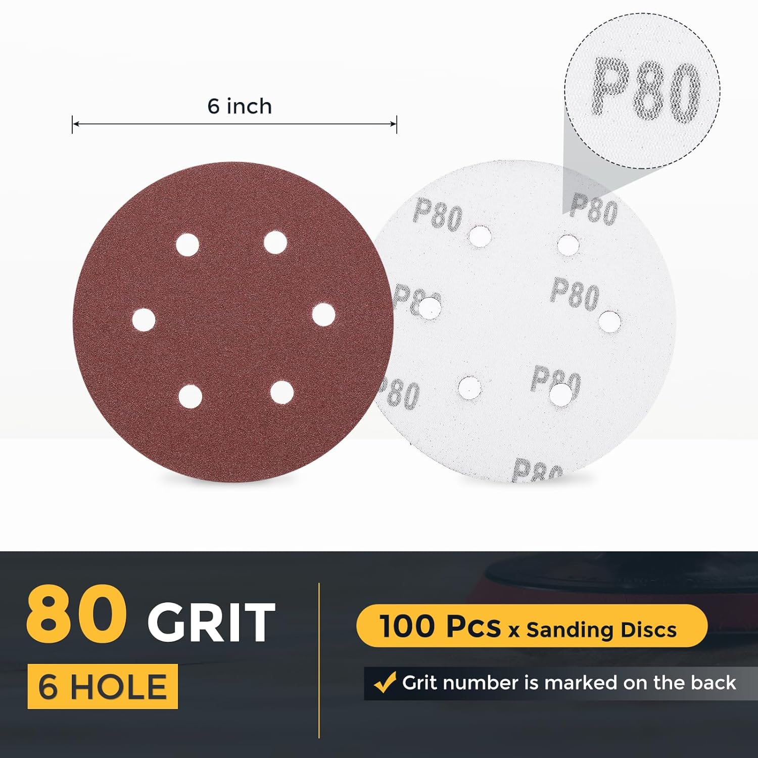 HARFINGTON 100 Pcs 6 Inch Sanding Discs, 80 Grit Hook and Loop Sandpaper, 6-Hole Aluminum Oxide Orbital Sander Sandpaper for Woodworking Automotive Metal Polishing, Red