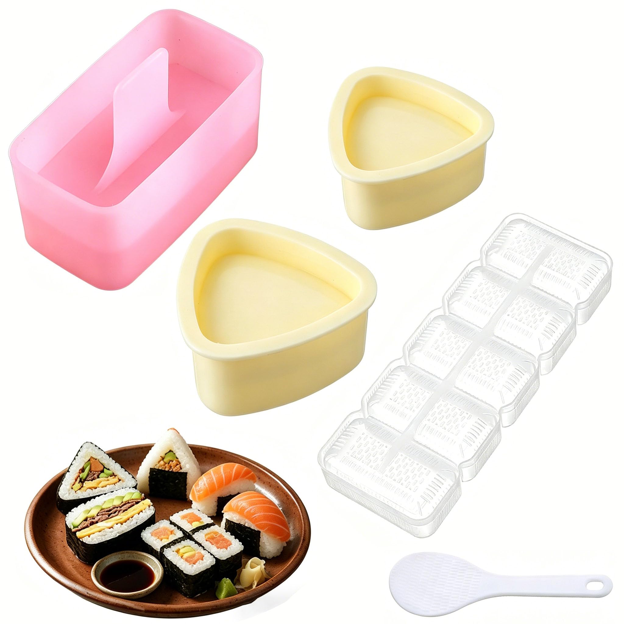 Onigiri Mould 4 PCS Set Triangle Rectangle and 5 Cavity Rice Ball Molds with Rice Paddle, Sushi Making Kit for Bento Japanese Snacks, Easy Clean PET Plastic Non Stick