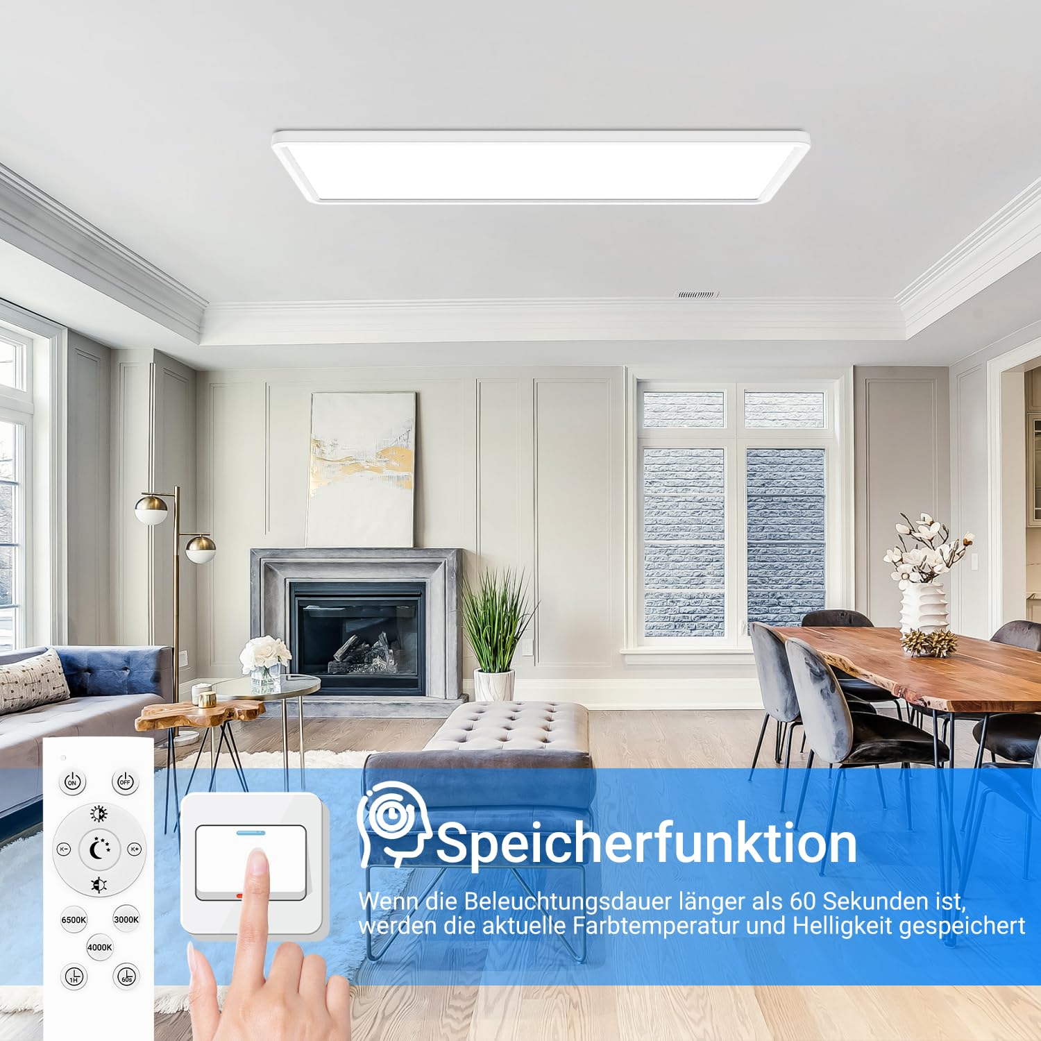 Peasur LED Deckenleuchte Flach 58x20cm 3500LM, Deckenlampe Dimmbar mit Fernbedienung 3000K-6500K, IP44 Küche Deckenleuchte Rechteckig LED Panel für Wohnzimmer Schlafzimmer Badezimmer Büro