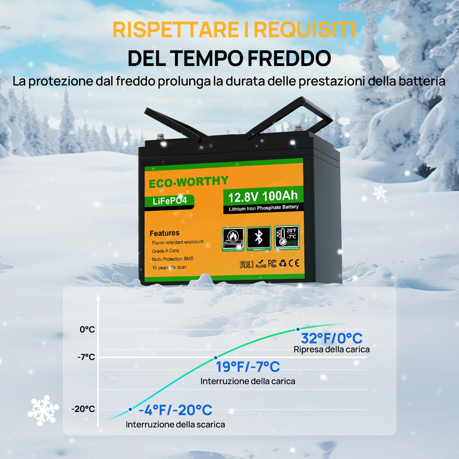ECO-WORTHY Lifepo4 Batteria al litio Bluetooth 12 V 100 AH, Batteria LiFePO4 con Protezione a Bassa Temperatura, BMS Intelligente, 1280 Wh Energia, per Caravan, Campeggio