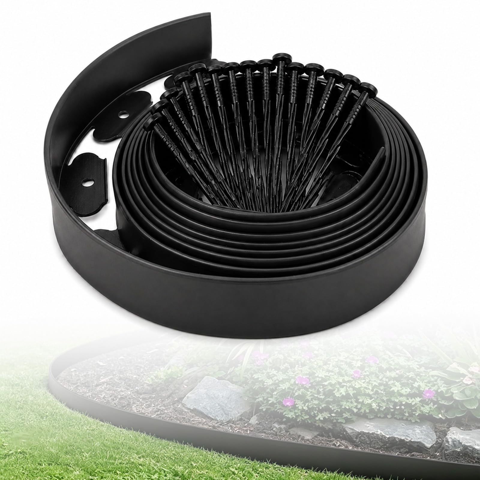 Lawn Edging Border, Flexible Plastic Garden Edging Border Strips for Grass 5m/16.4ft Roll, 5CM-Height Heavy Duty Landscape Edging with 15 Pegs for Grass Edging Lawns Yard Pathway (Black)