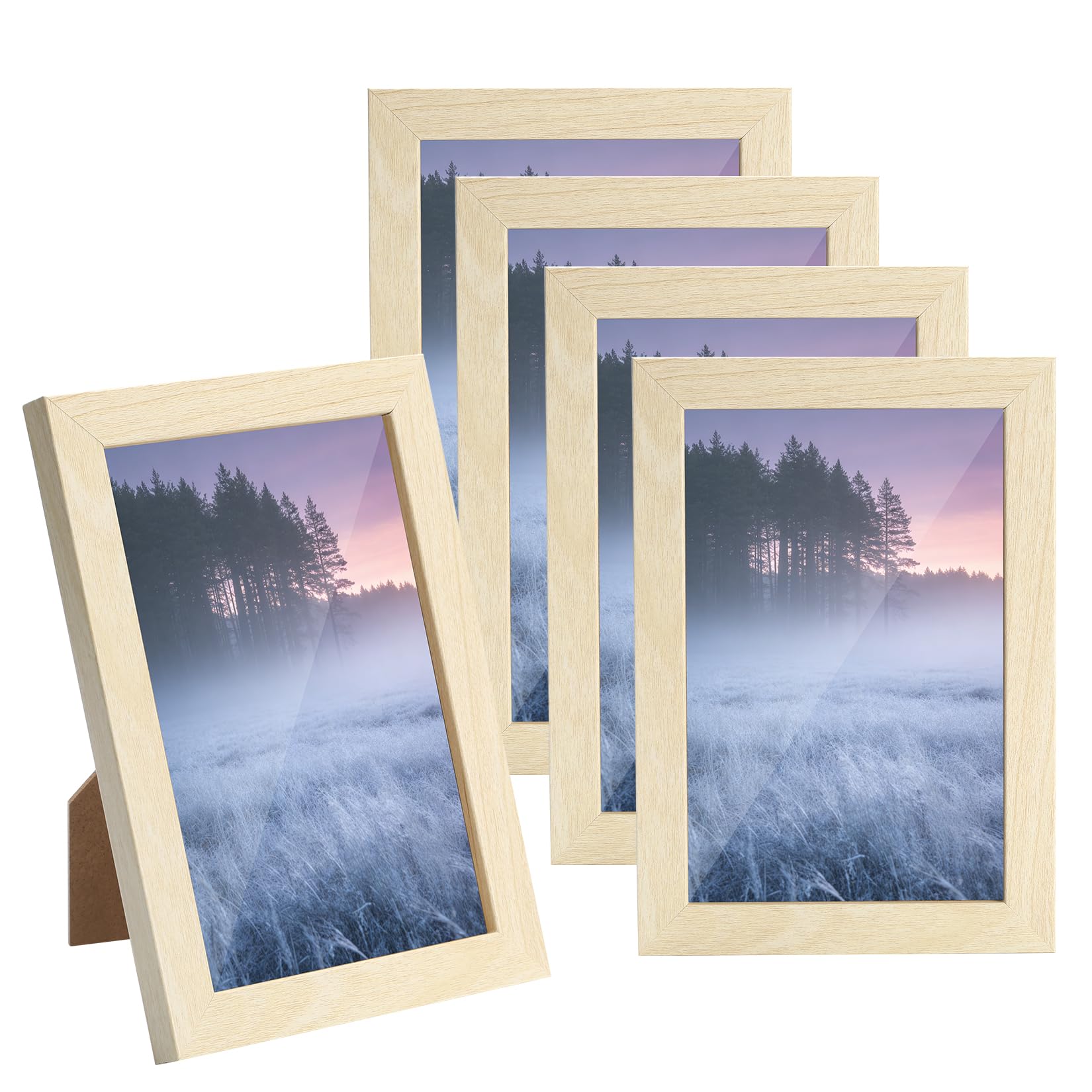5 Pcs 6x4 Photo Frames, 15 x 10cm Solid Wood Frames Small Wooden Picture Frames for Tabletop and Wall Mounting, Light Wood, for Living Room, Bedroom, Office, Hallway