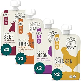 Serenity Kids Organic Meat Baby Food Pouches 6+ Months - 5g Protein Puree with Ethically Sourced Meats & Veggies - 3.5oz 8-Pack Toddler Snacks