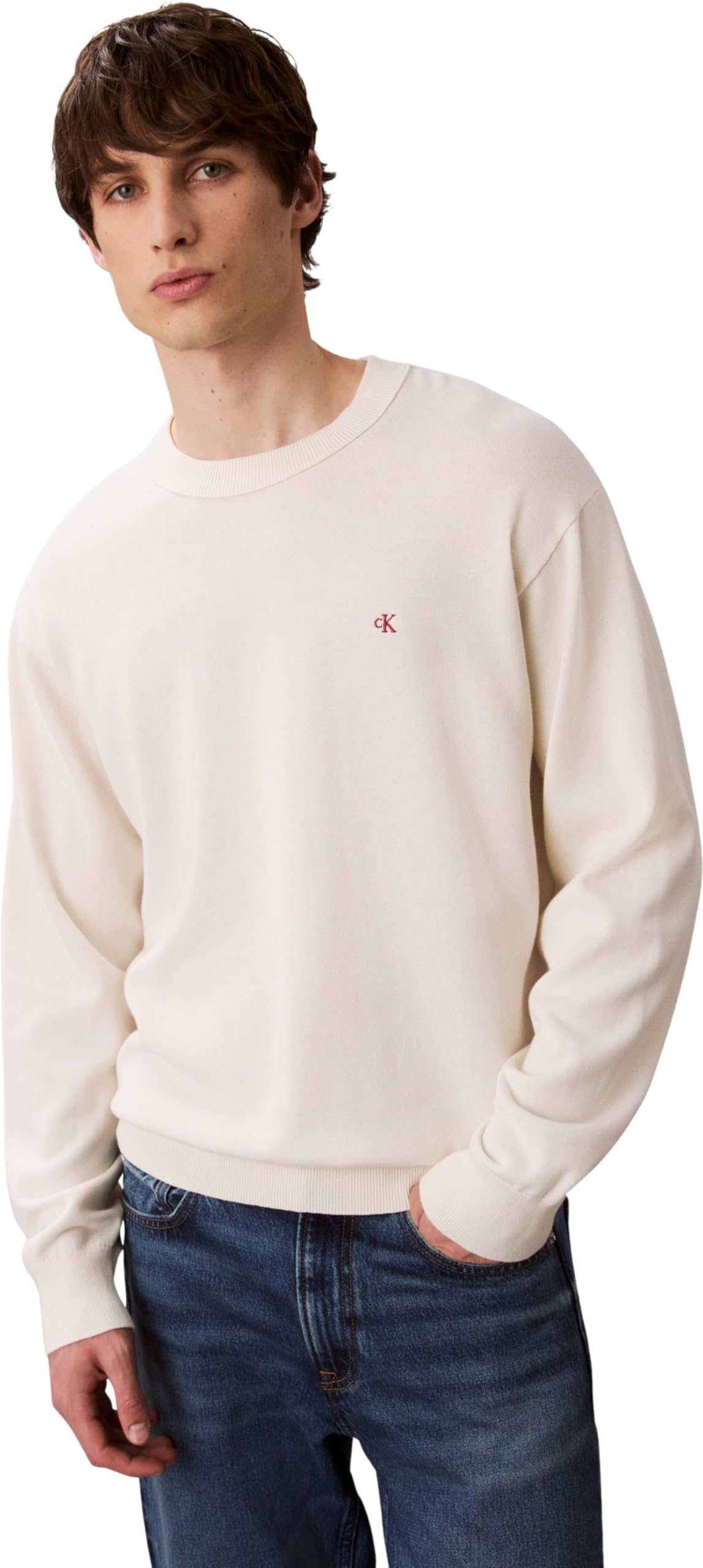 Calvin Klein Men’s Cotton Relaxed Jumper with Round Neck, Beige (Tofu), L