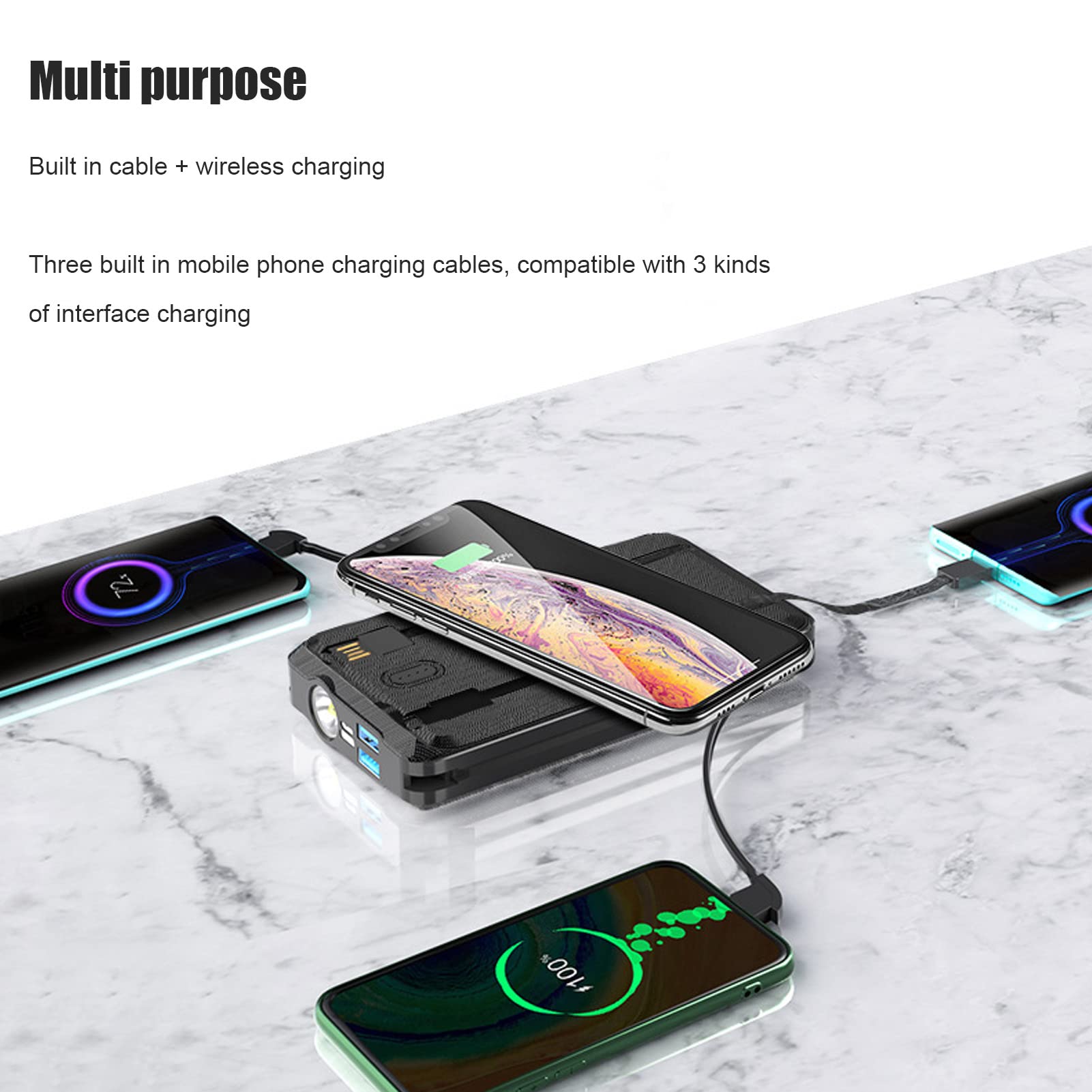 Marhynchus 30000 MAh Solar Power Bank z 4 Kablami o Dużej Pojemności Solarnej ładowarki Solarnej do Codziennych Podróży na świeżym Powietrzu, Wyposażone w Panele Słoneczne, światło LED,