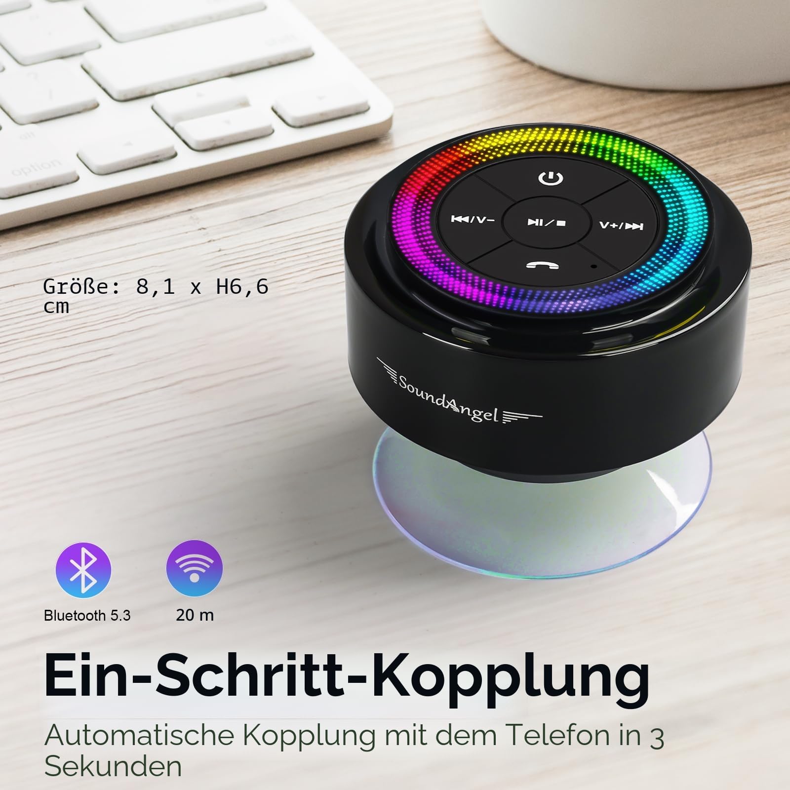 Xleader Mate Dusche Bluetooth Lautsprecher klein, Zertifiziert IPX7 Wasserdicht Bluetoothbox, Mini Music Box Lautsprecher Mit Licht, Saugnapf und Mikrofon, Kristall Sound und Bass, Musikbox Geschenk