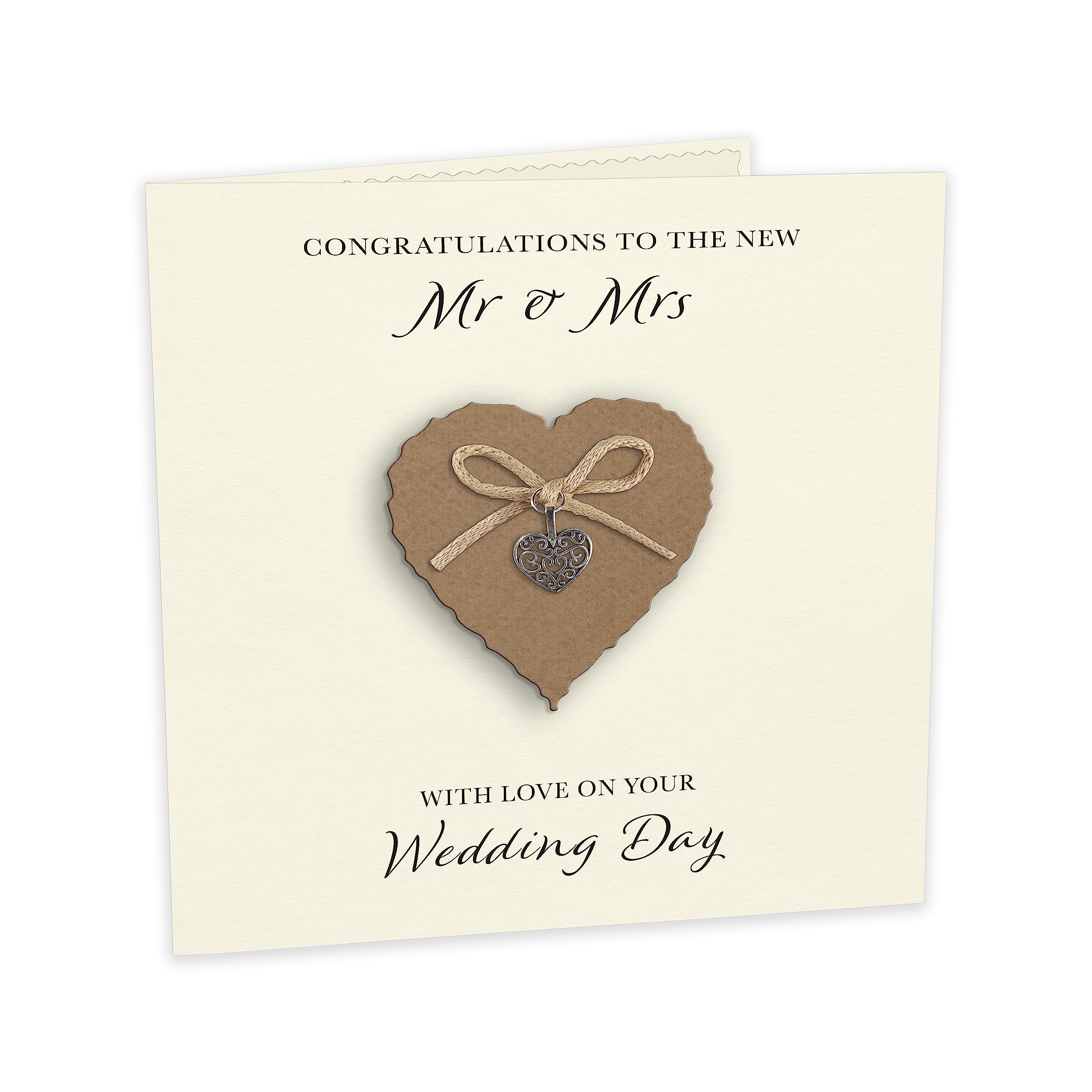 Wedding Day Card "Heart Charm & Bow" - Handmade UK (Kraft Heart, Ivory Cardstock) - Image 2
