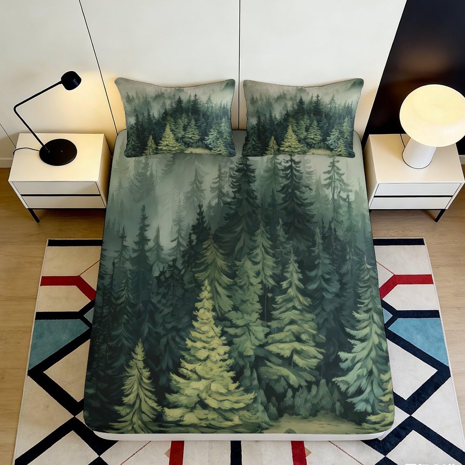 3D Printed Misty Forest Fitted Sheet Microfiber Soft Green Pine Tree Bed Cover for Bedroom Dorm Mattress Protection Decor 90x200x25cm