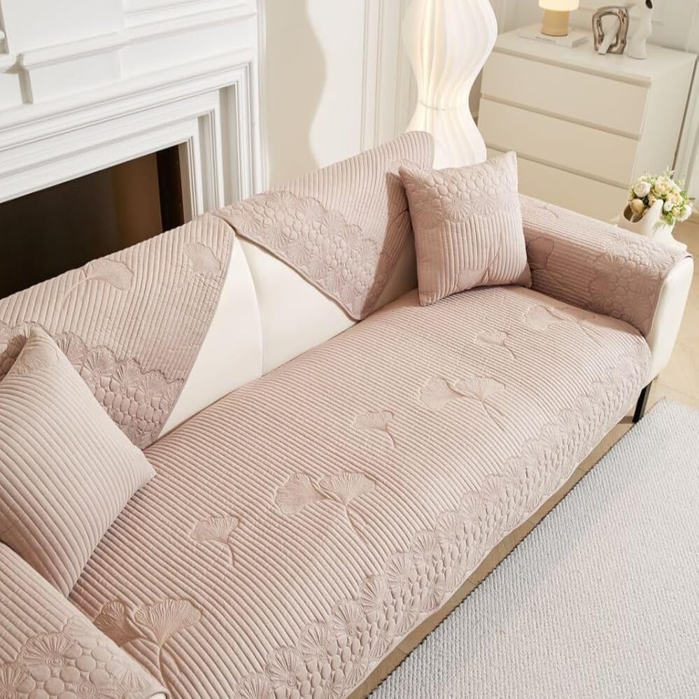 HOMETHREADS Premium Embroidered Cotton Sofa Cover Mat with PVC Backing for Non-Slip Comfort (Beige, 3 Seater | 70x180cm)