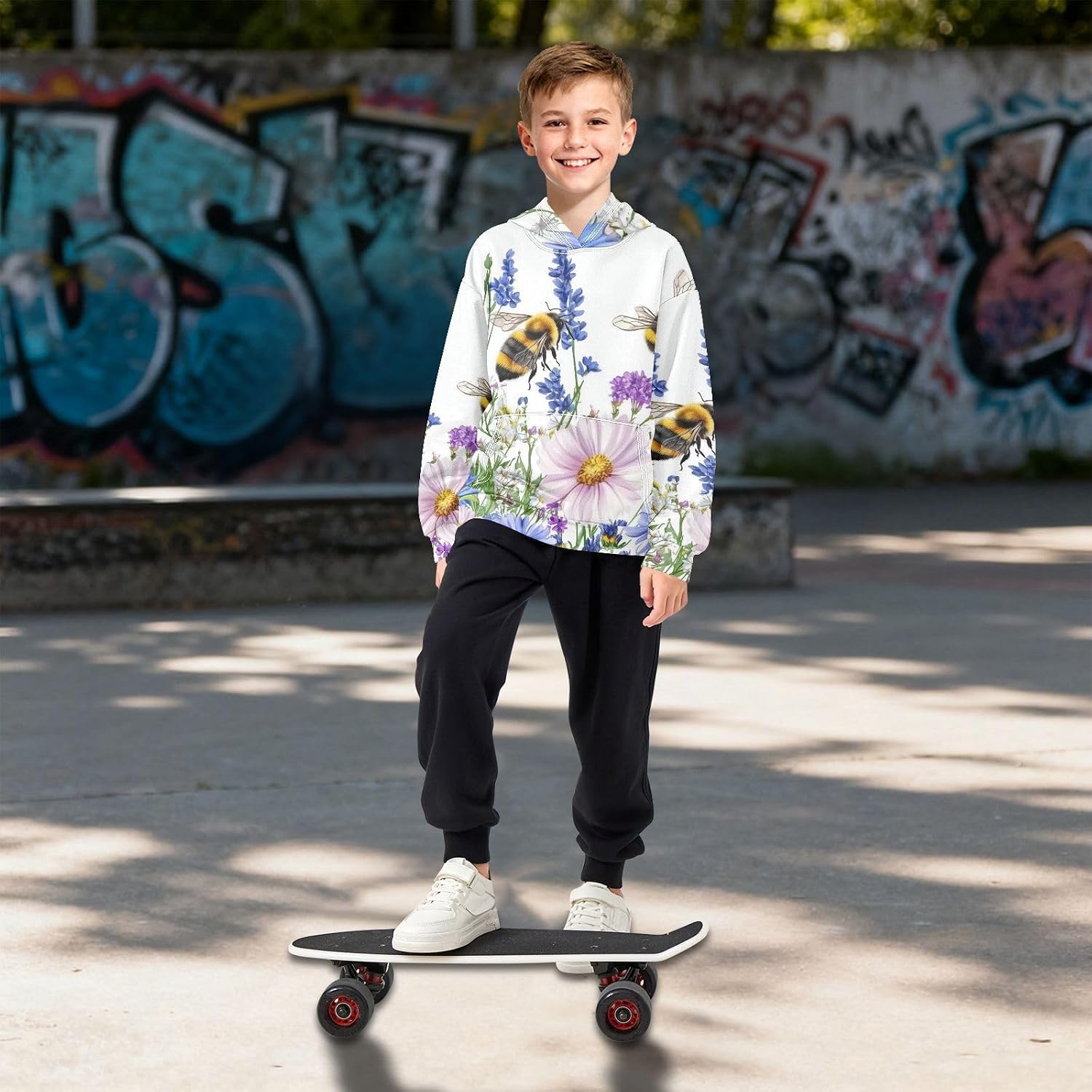 ZZXXB Bee Spring Daisy Floral Kids Sweatshirts Boys Girls Hooded Kangaroo Pocket Pullover Tops XS-XXL