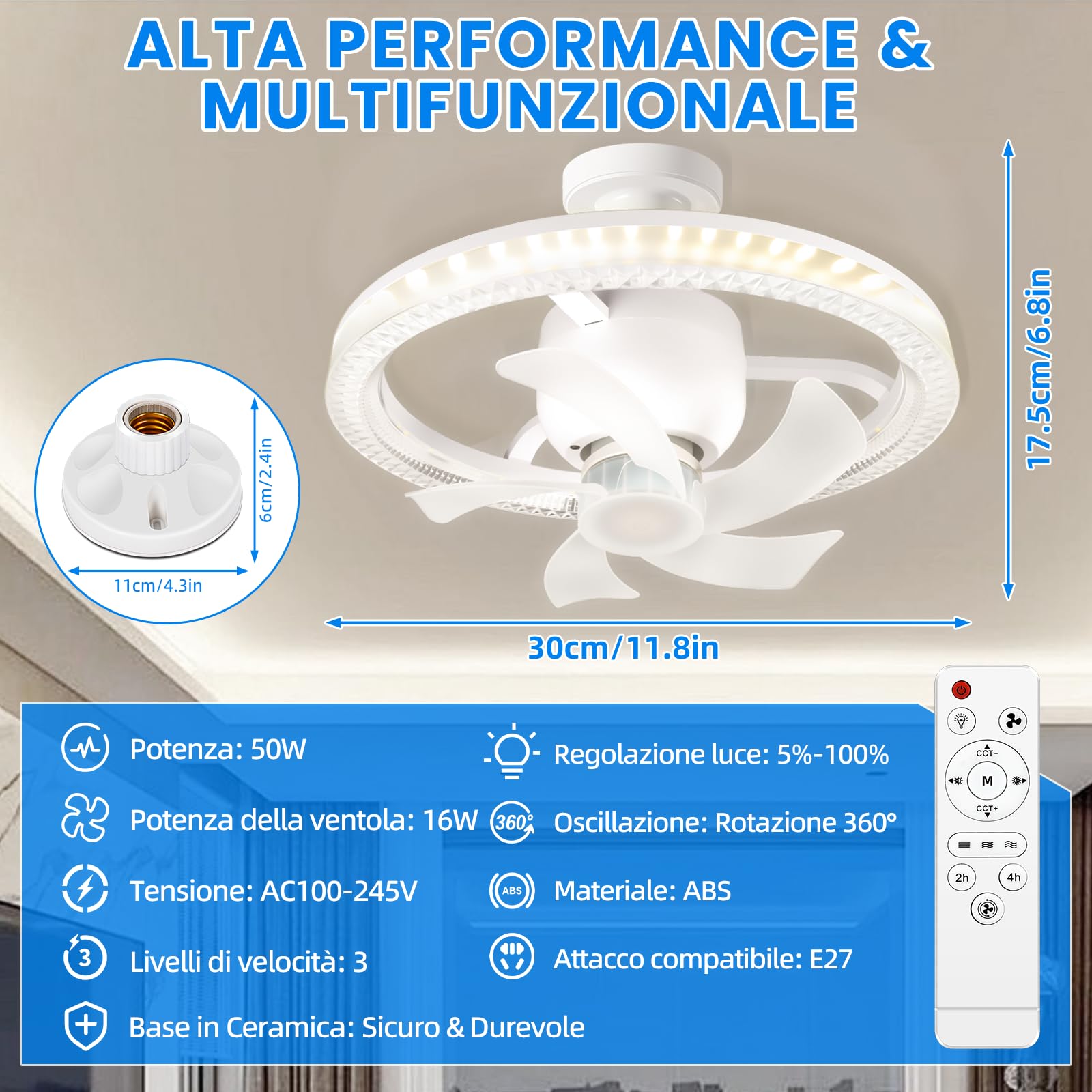 YOOHBERRYS Ventilatore da Soffitto Con Luce e Telecomando, Piccolo Lampadario con Ventilatore da Soffitto, E27 Plafoniera Ventilatores Soffittos, 360 Rotazione, 3 Velocità e Timer(30cm*17.5cm)