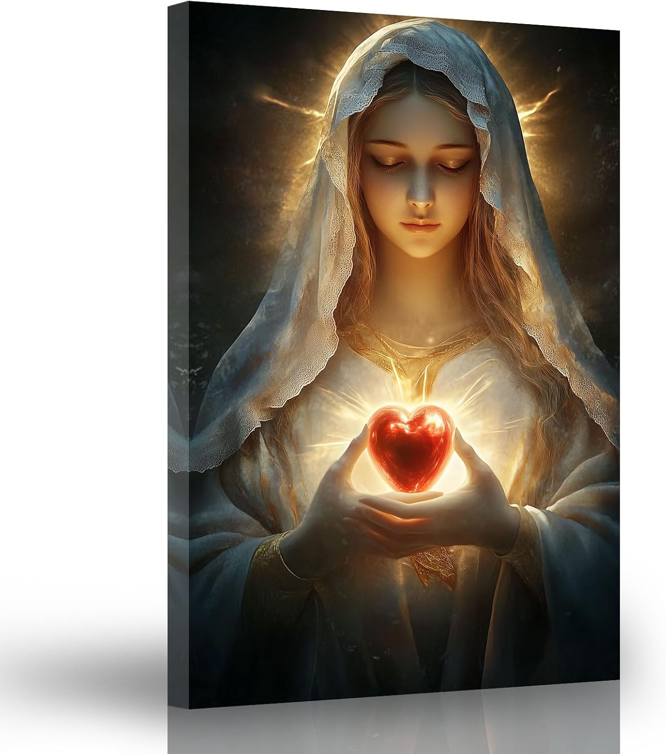 ARTZGX Virgin Mary Wall Art Catholic Canvas Prints Immaculate Sacred Heart of Mary Picture Christian Artwork for Bedroom Religious Decor Frame(Red 12L x 18W)