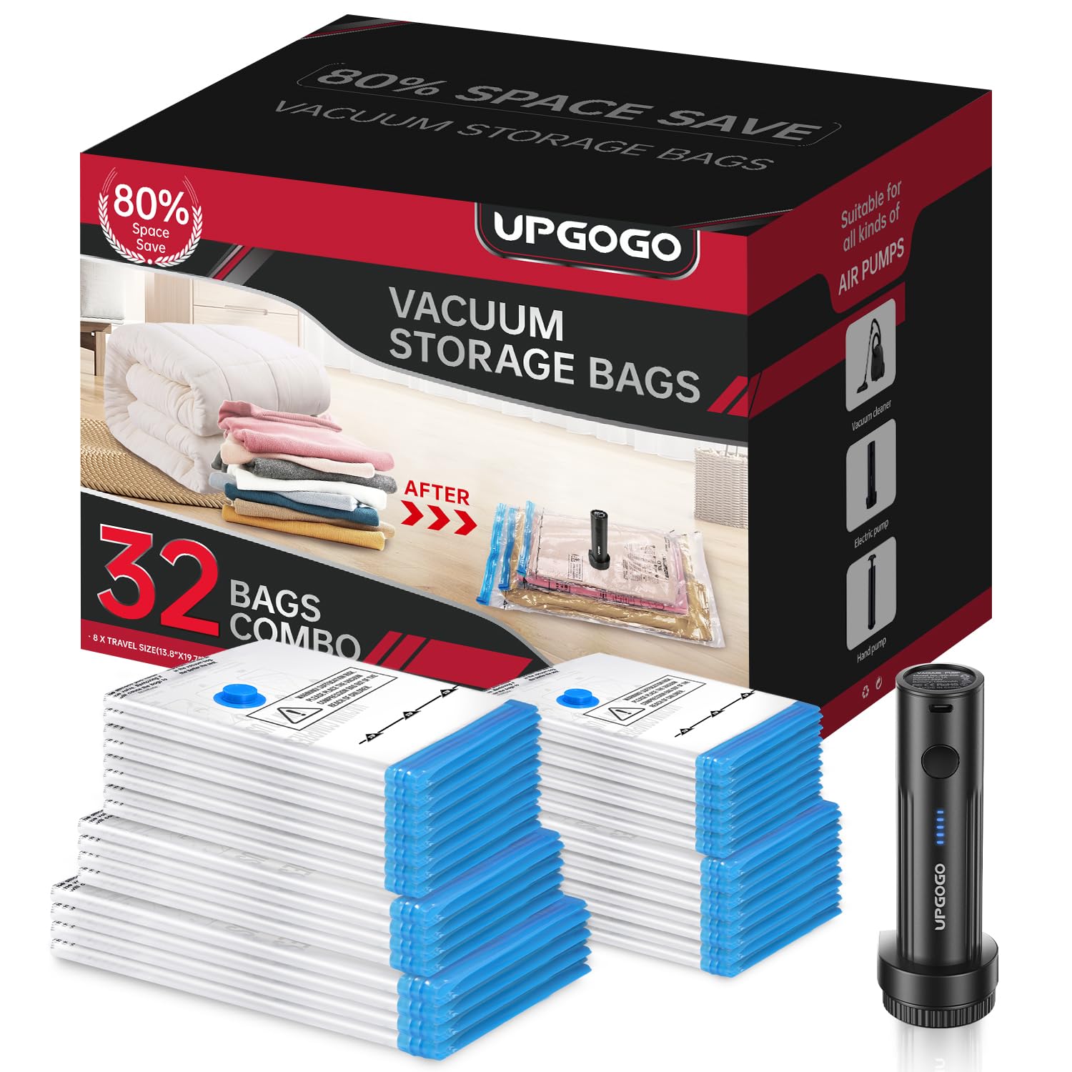 UPGOGO Confezione da 32 sacchetti sottovuoto con pompa elettrica portatile, sacchetti sottovuoto per abbigliamento, sacchetti salvaspazio da viaggio per bagagli