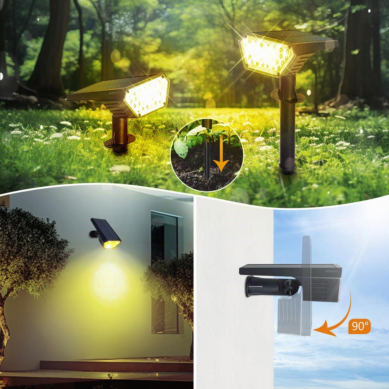 Lot de 6 spots solaires d'extérieur, allumage/extinction automatique, étanches IP65, éclairage extérieur 2 en 1 à énergie solaire, pour jardin, allée (blanc chaud)