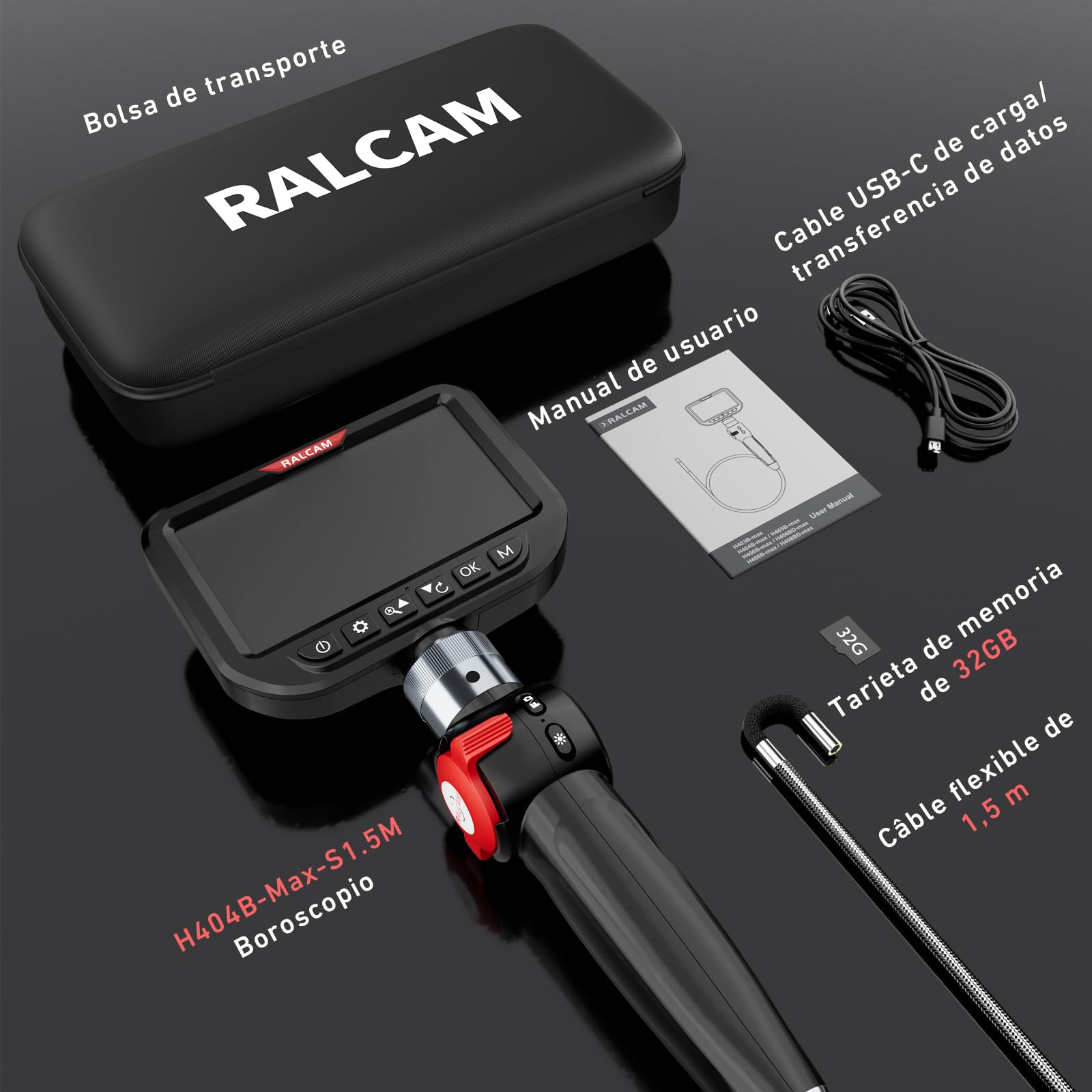 Ralcam Cámara Endoscópica con Luz, Cabezal Giratorio de 210°, Sonda de 3.9 mm, Pantalla HD de 5", IP67 Impermeable, Cable de Acero 1,5 m, Cámara de Inspección para Coche, Tuberías y Hogar
