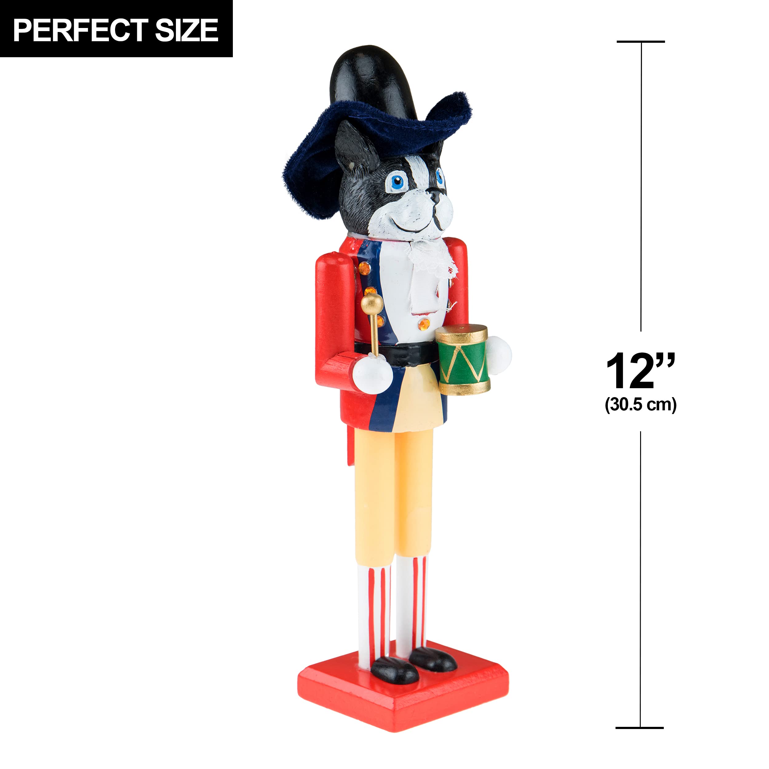 Clever Creations Drummer Dog 12 Inch Traditional Wooden Nutcracker, Festive Christmas Décor for Shelves and Tables