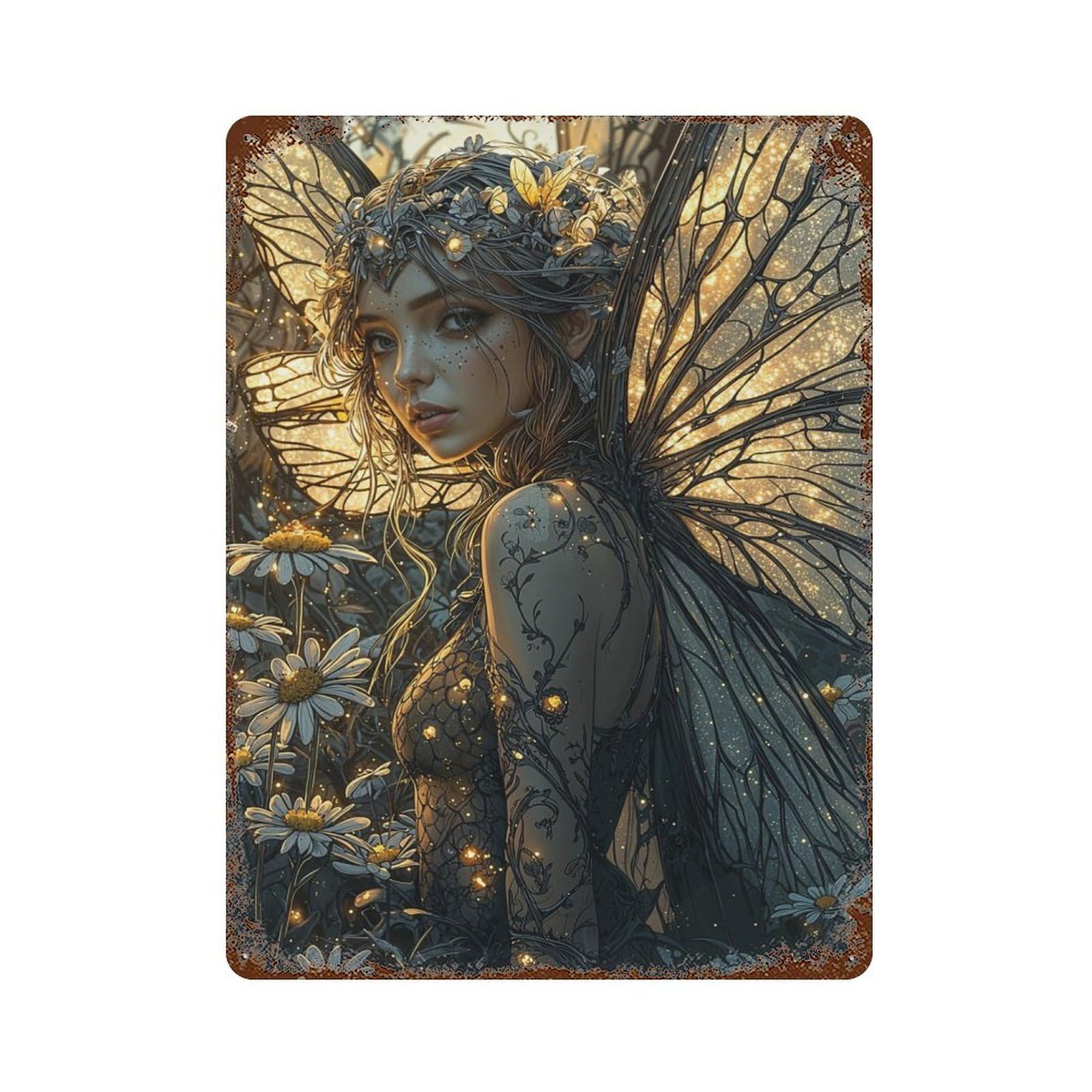 Rust Effect Fairy with Golden Wings Weathered Tin Sign 15.7"x11.8", Farmhouse Wall Decor for Farmhouse, Kitchen And Entryway Decor