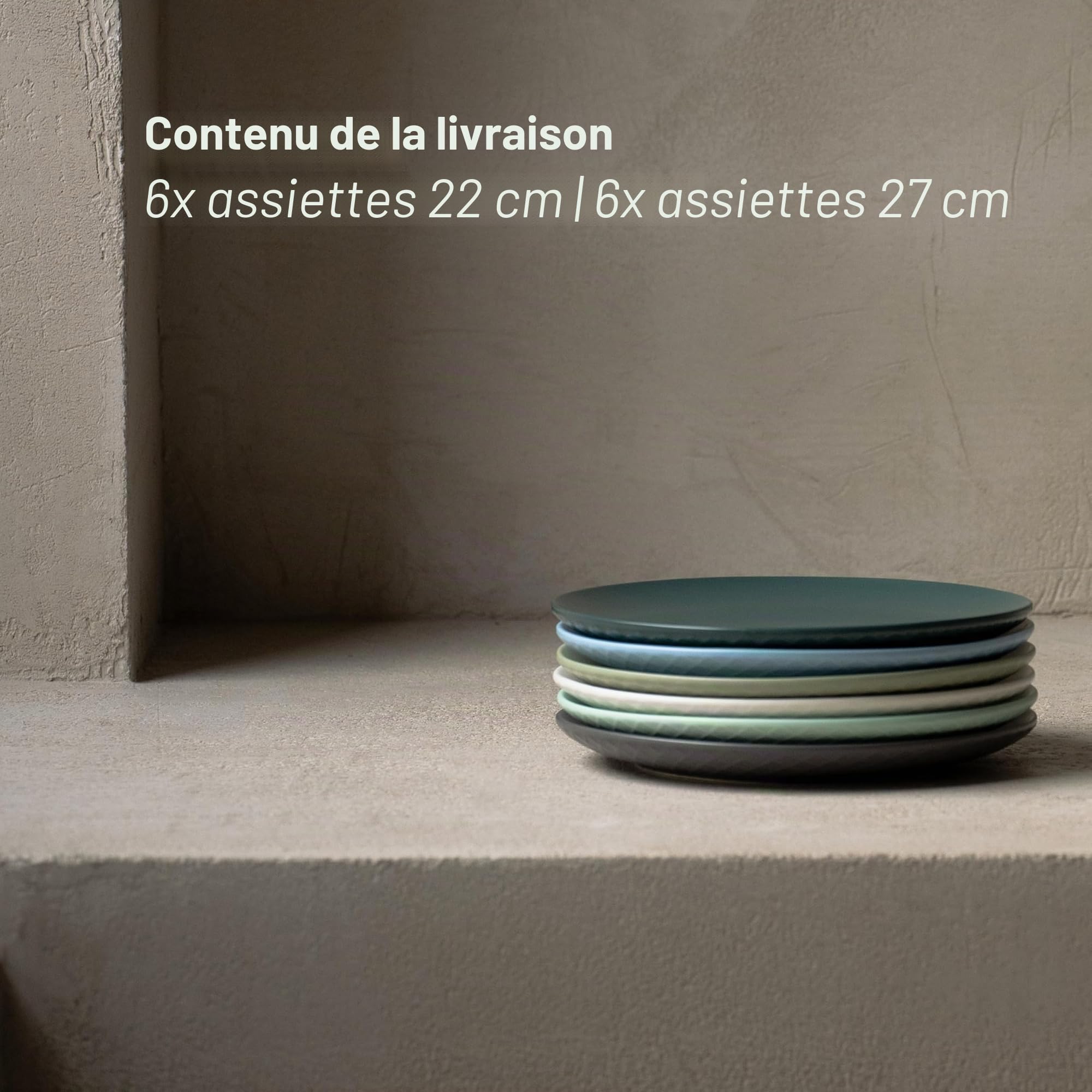KIVY Service de table pour 6 personnes, résistant aux rayures et au lave-vaisselle, 6 x 27 cm + 6 x 22 cm, moderne, 12 pièces, vert, assiettes plates