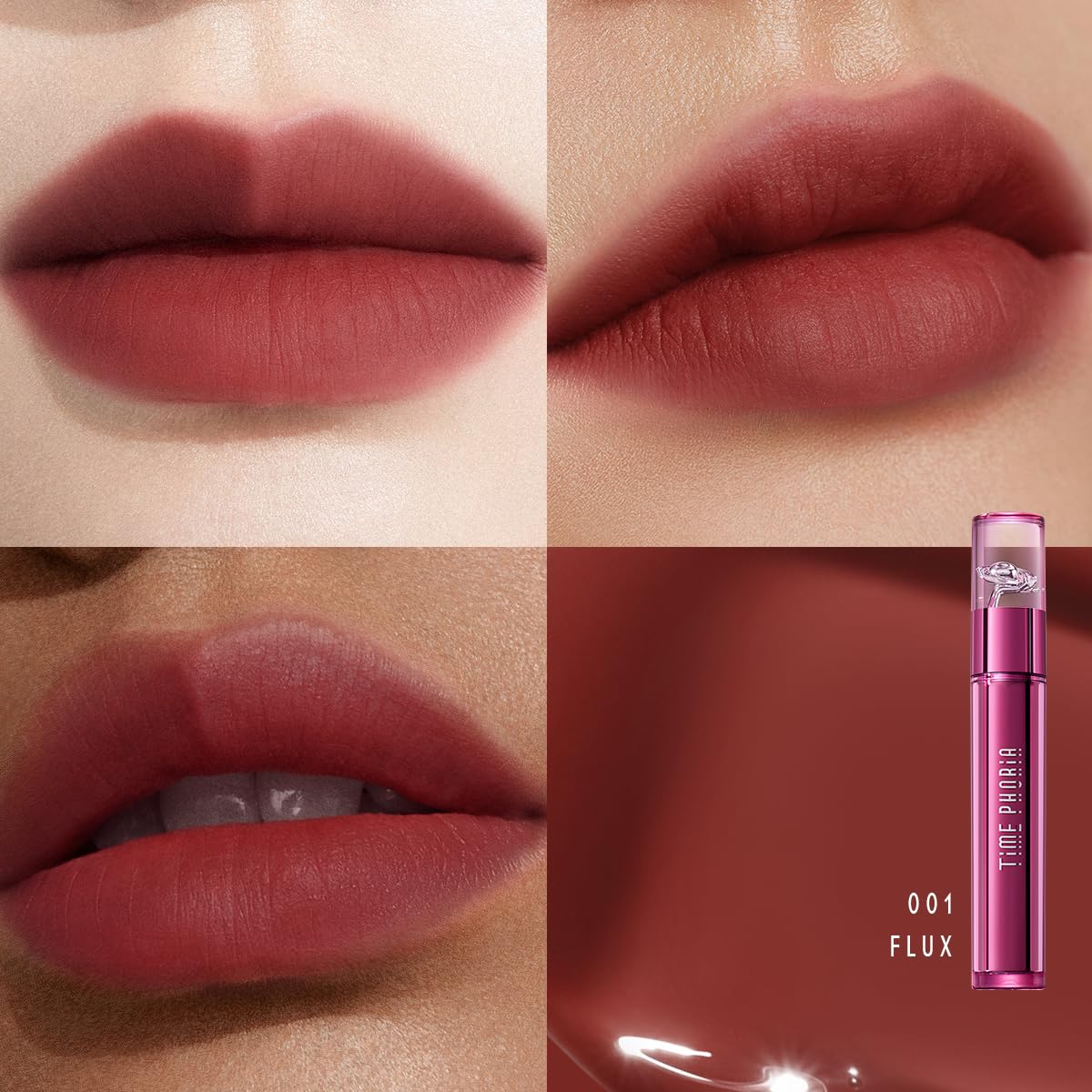 TIMEPHORIA Altera 001 Flux Lippenfarbe, bräunlich-rot, glänzend bis matt, weich, verwischt Lippenlinien, samtige Textur, leicht, ohne Klebrigkeit, vibrierend, feuchtigkeitsspendend und langanhaltend