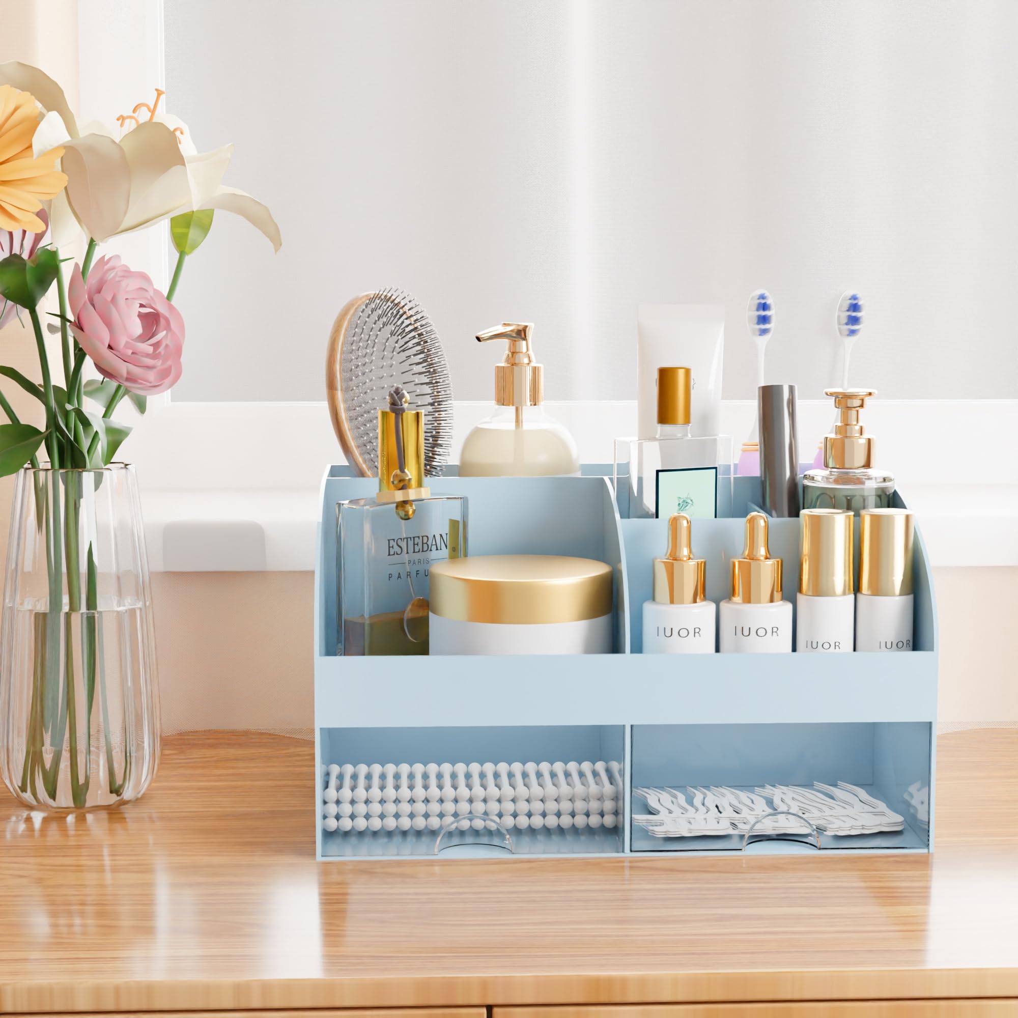 Makeup Organizer with Drawers, Cosmetic Storage for Dresser Vanity and Bathroom Countertop, Beauty Holder for Lipstick Brush, Skincare Organizer for Vanity, Cosmetic Display Case (White) 4