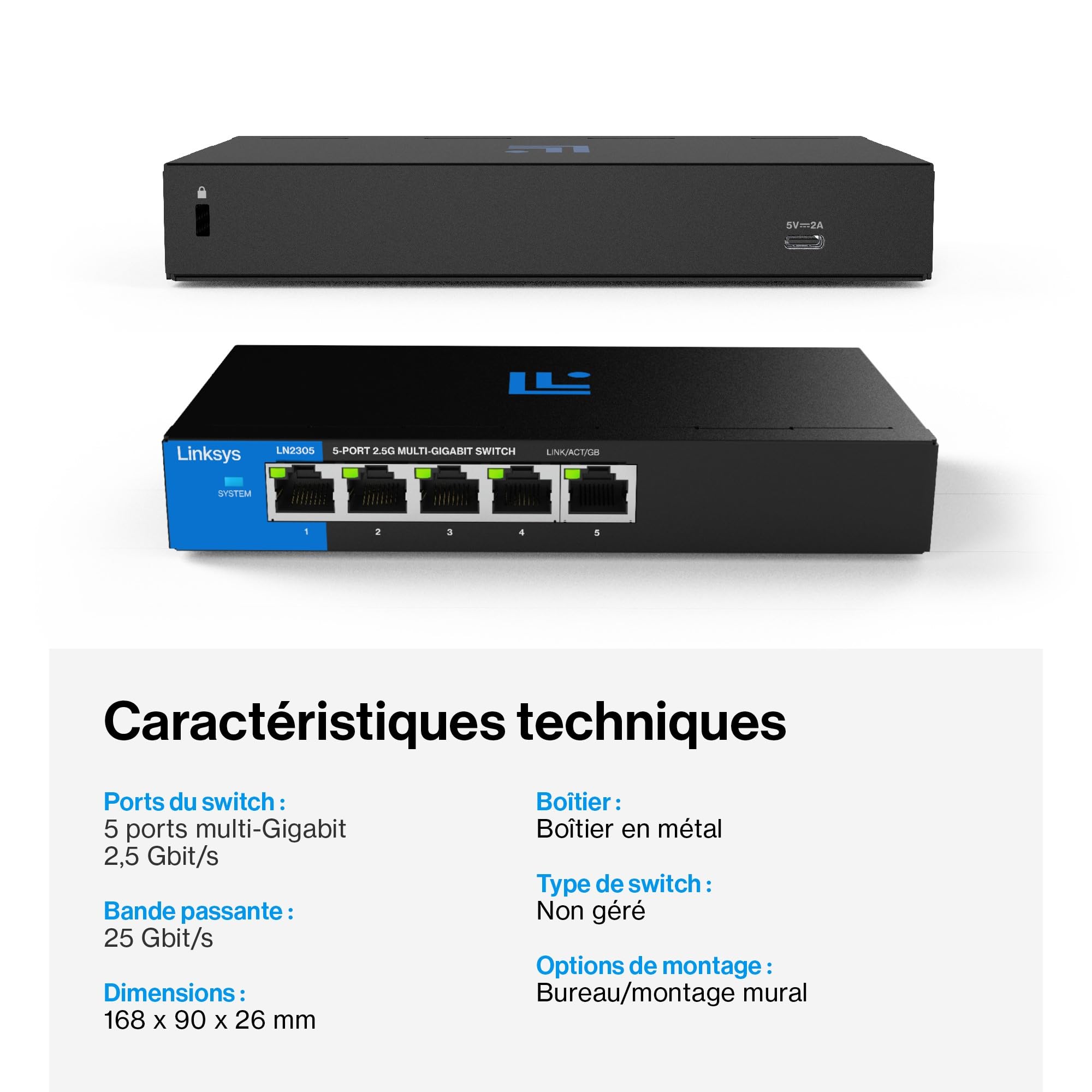 Linksys Commutateur Non géré Multi-Prises 5 Ports 2,5 G | Ethernet économe en énergie | Contrôle du Flux Duplex intégral | Idéal pour Les Petits Bureaux et Les Bureaux à Domicile avec Design sans