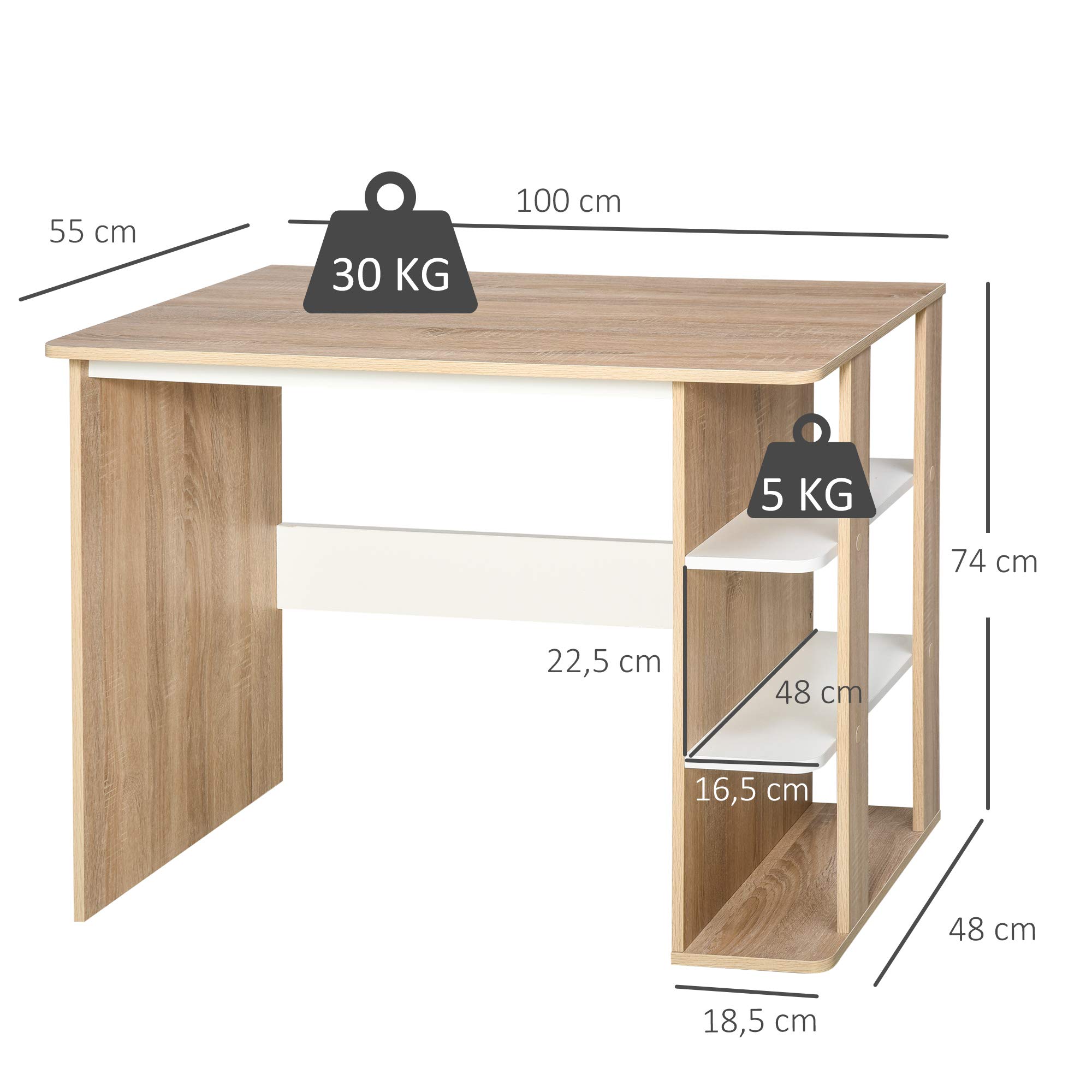 HOMCOM Mesa de Escritorio 2 en 1 con Estante 3 Niveles 100x55x74 cm Madera | Gran Superficie, Espacio Almacenaje Amplio, Mesa de Oficina, Dormitorio, Estudio
