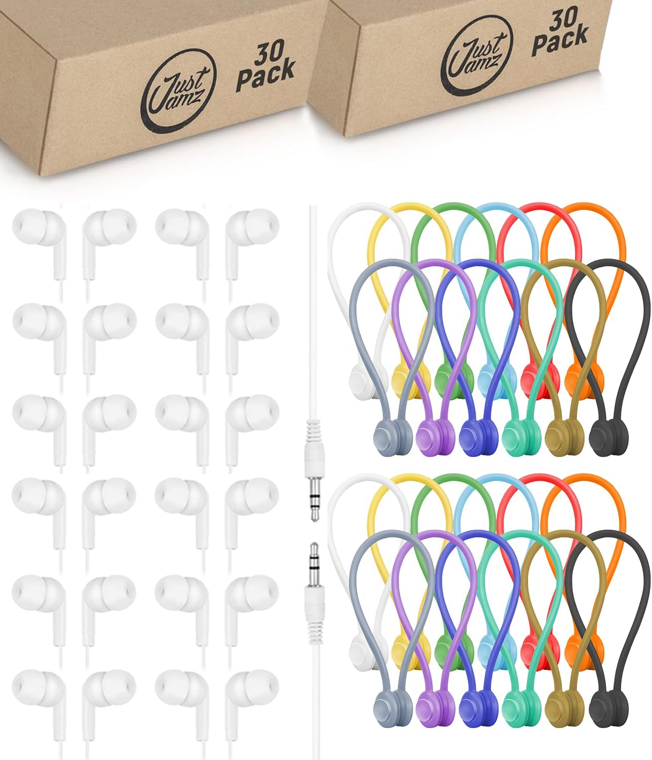 JustJamz Pearl White Earbuds 30 Pack with 30 Magnetic Cable Ties – Disposable Wired Ear Buds with 3.5mm Jack for Classroom, Students & Kids – Reusable Silicone Magnetic Cord Organizer Set, Assorted Co