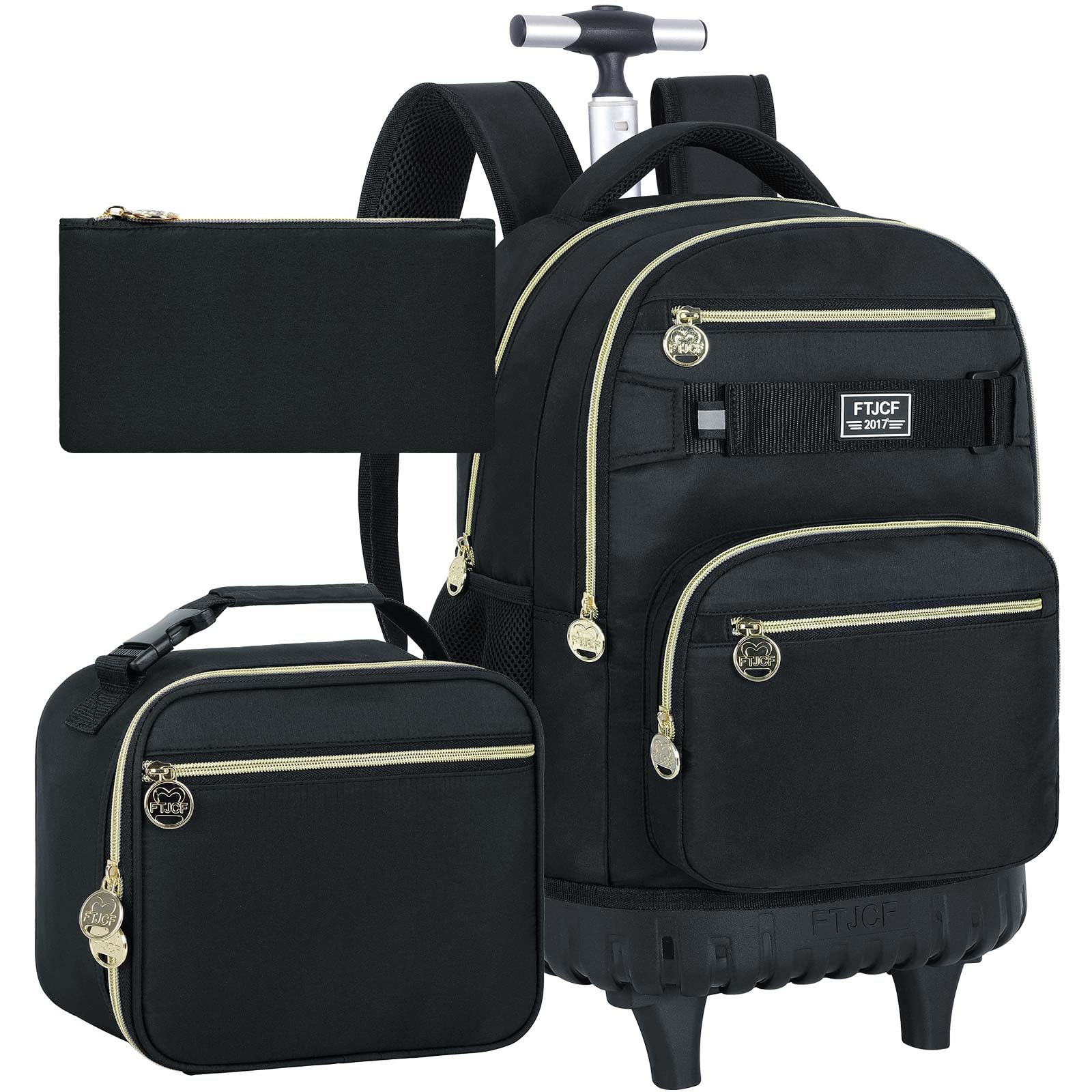 TXHVO 3Pcs Rolling Backpack for Boys Men, 19 Inche Adults Roller Backpacks with Wheels, School Wheeled Bookbag with Lunch Box(Black)