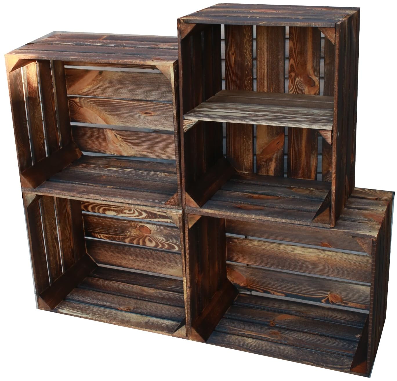 Lot De 4 Caisses En Bois Flammé - 50x40x30cm - Rangement Vintage - Étagère DIY - Fond Long