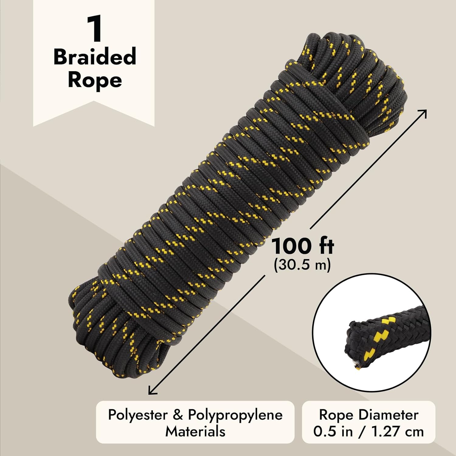 Built Industrial Diamond Braided Rope - 1/2 in x 100 ft, Black & Yellow - Polyester Heavy Duty Rope for Camping, Outdoor Gear & Emergency Tent Setup (Pack of 2)