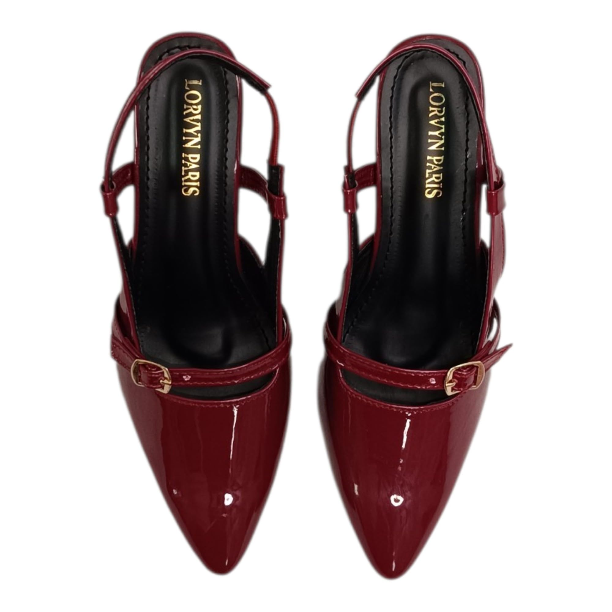 Women's Cherry Red Patent Pointed Toe Slingback Pumps with Adjustable Buckle Strap and Mid Heel-image-43