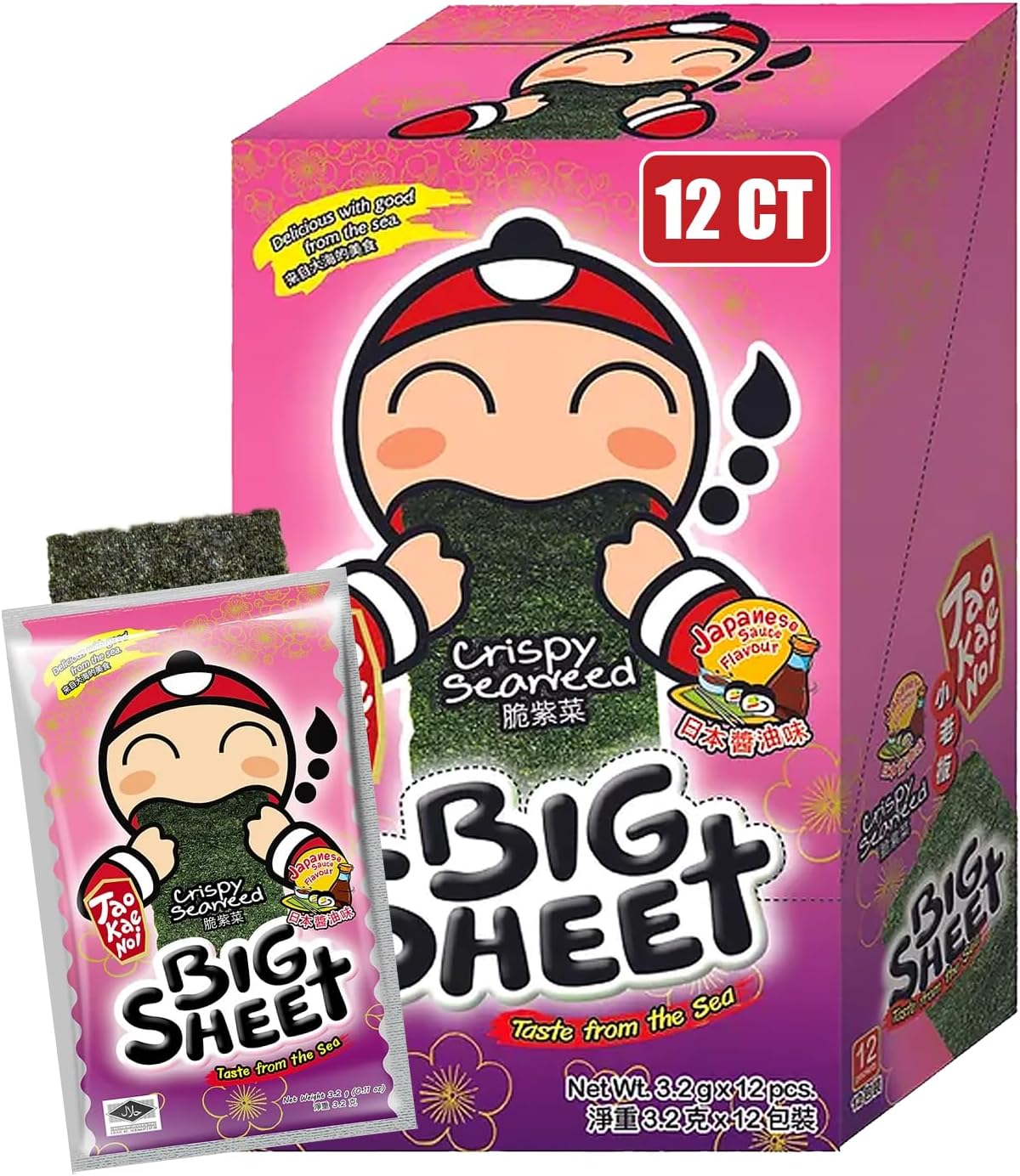 Tao Kae Noi Big Crispy Seaweed Snack Sheets Japanese Sauce Flavor Thai Seaweed Chip Healthy Nori Snacks For Kids And Adults 12 Individually Wrapped Sheets Per Box,3.2Gram Each