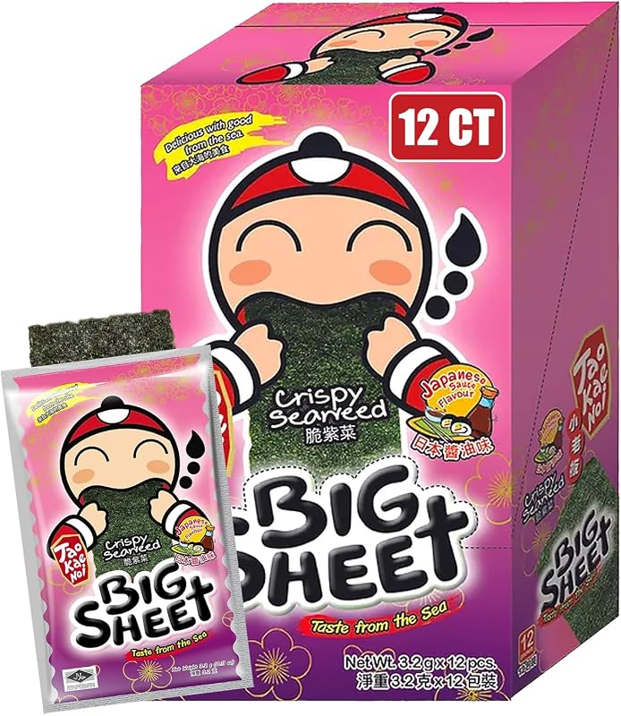 Hojas grandes de bocadillos crujientes de algas marinas de Tao Kae Noi | Chip de algas tailandesas con sabor a salsa japonesa | Bocadillos saludables de Nori para niños y adultos | Hojas de algas bajas en calorías | 12 hojas envueltas individualmente por caja, 3,2 g cada una