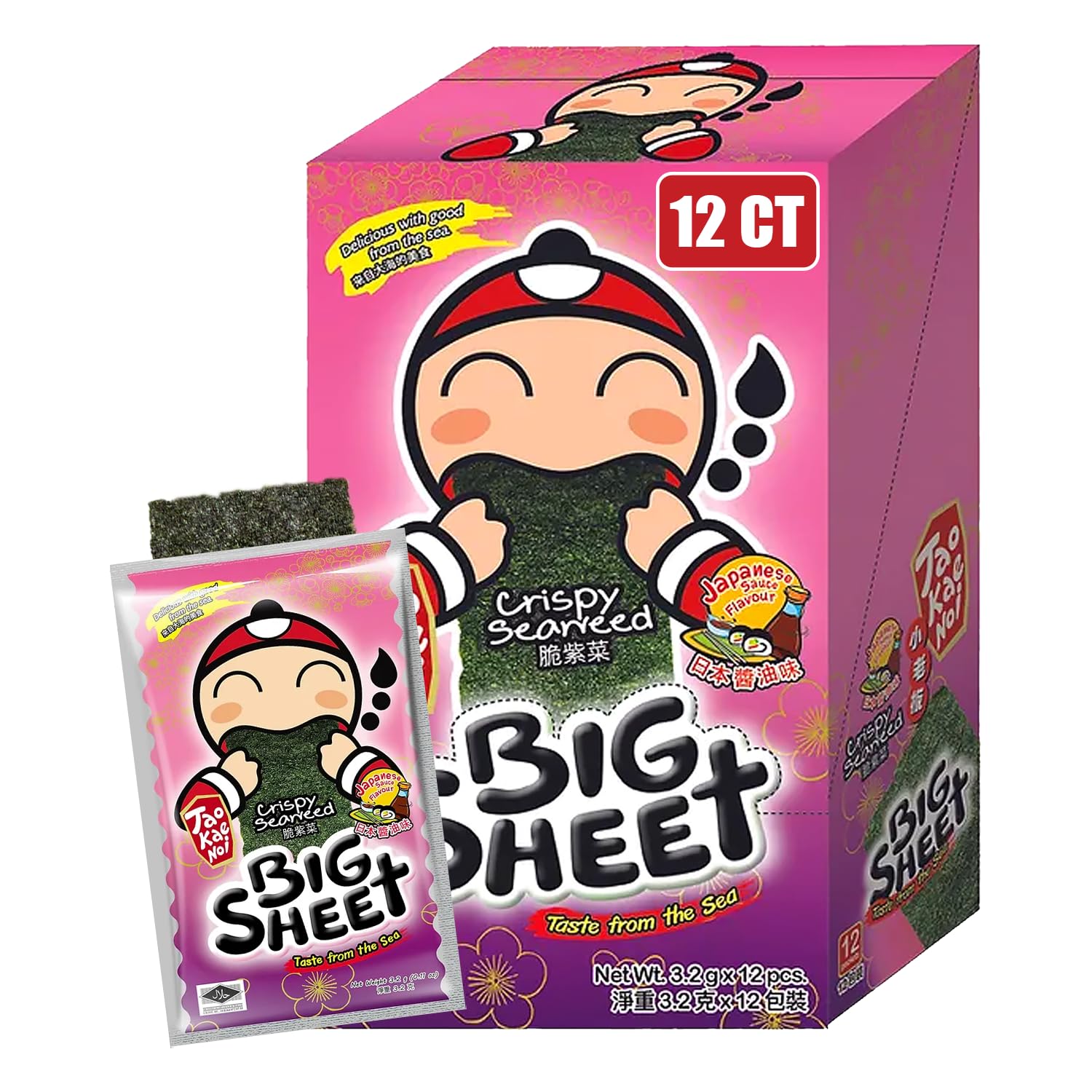 Big Crispy Seaweed Snack Sheets by Tao Kae Noi | Japanese Sauce Flavor Thai Seaweed Chip | Healthy Nori Snacks for Kids and Adults | Low Calorie Seaweed Sheets | 12 Individually Wrapped Sheets per Box