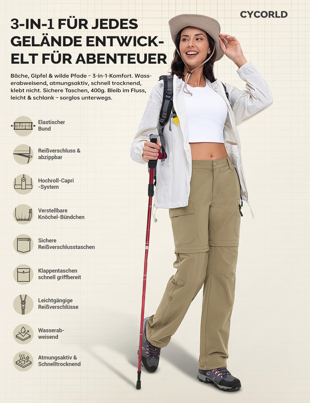 Cycorld Pantaloni Cargo Escursionismo Donna Zip off Impermeabile Pantaloni Passeggiata Leggero Quick Dry Convertibile Stretch Outdoor Casual con 5 Tasche